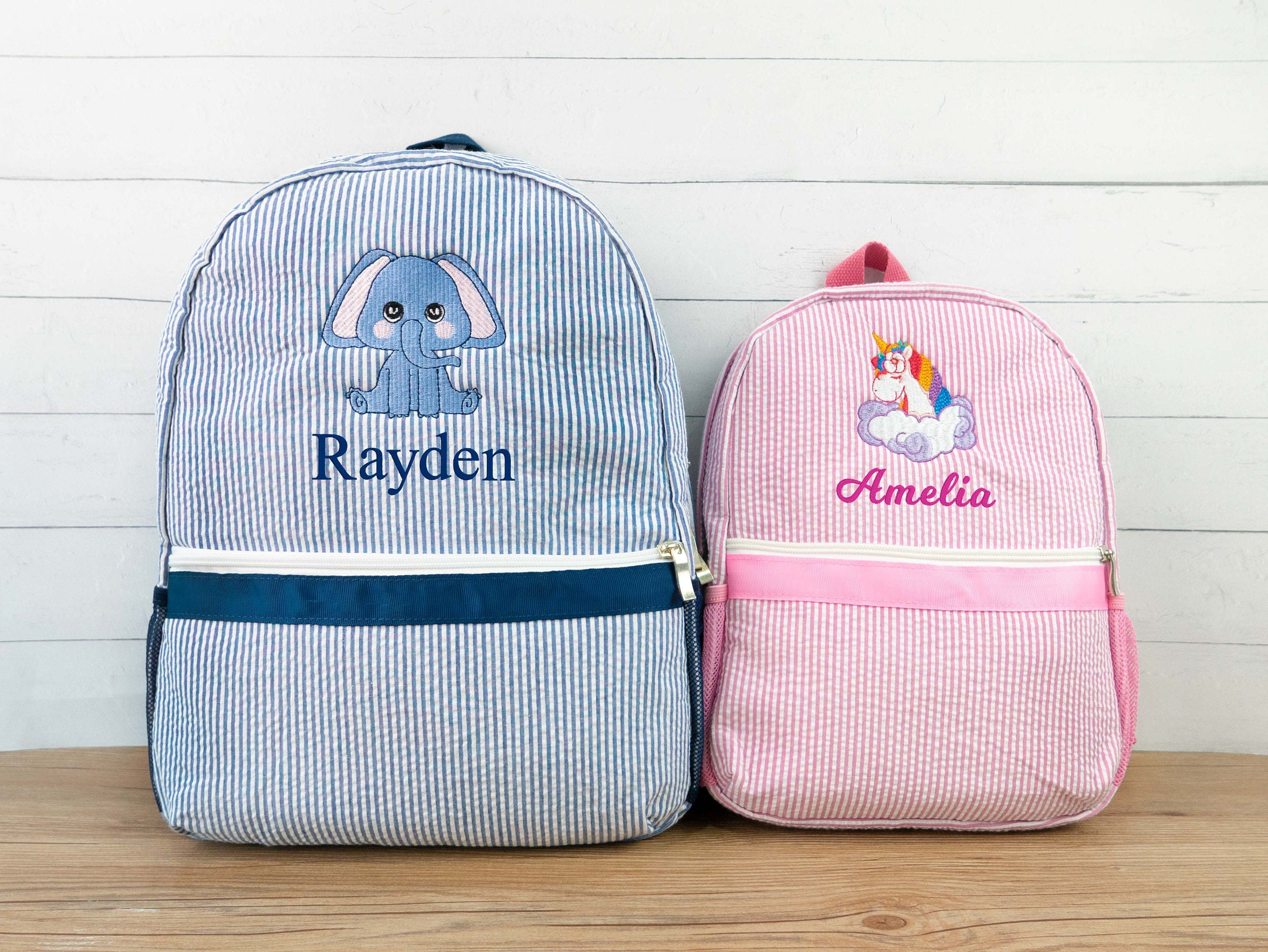 Personalized Kids Backpack: Embroidered Initial Seersucker School Bag