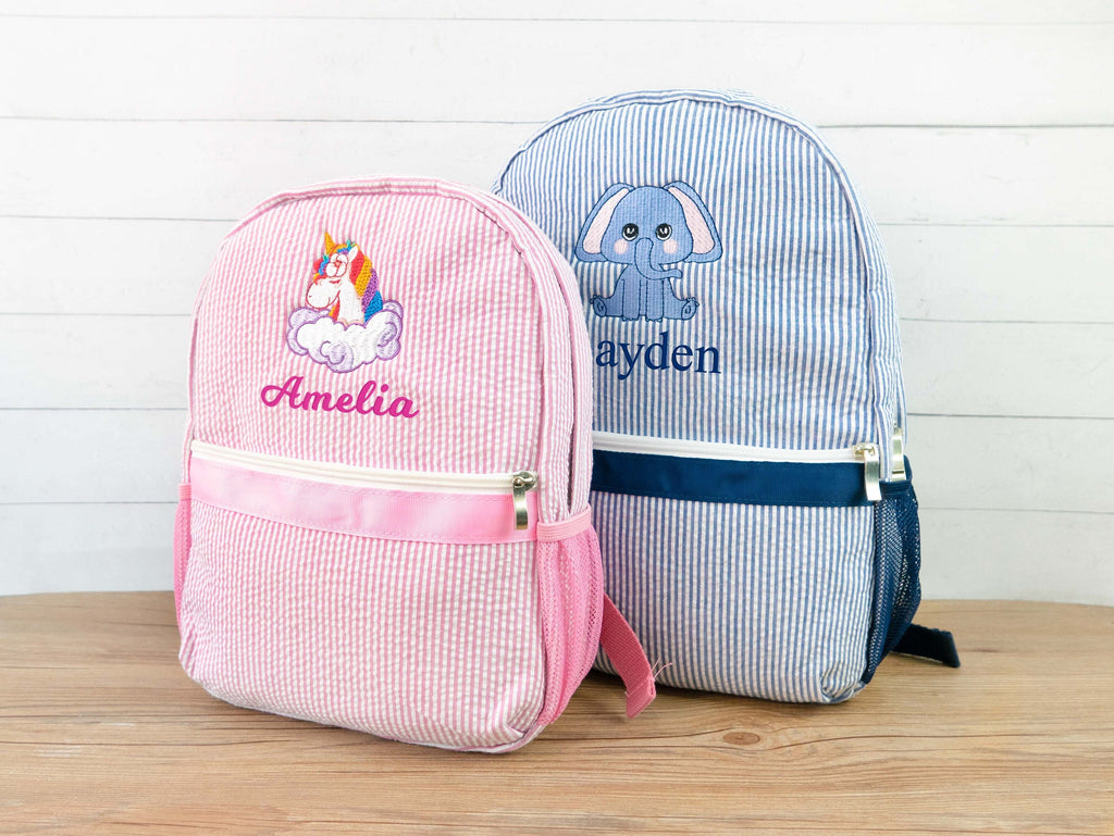 Personalized Kids Backpack: Embroidered Initial Seersucker School Bag