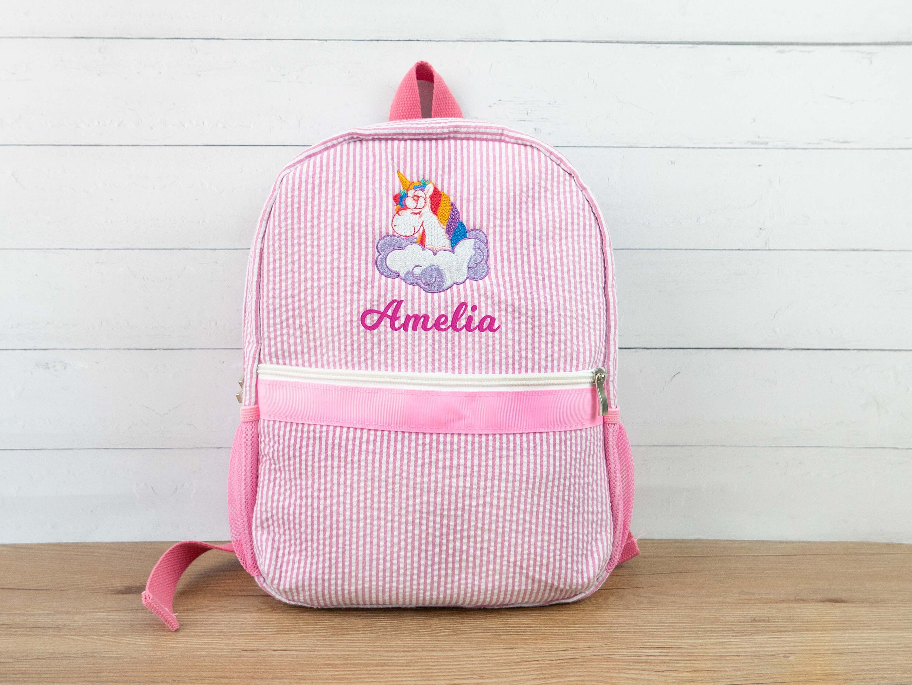 Personalized Kids Backpack: Embroidered Initial Seersucker School Bag