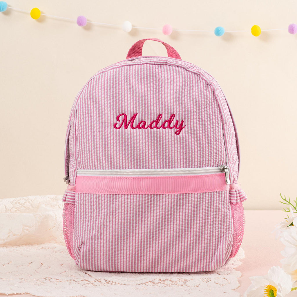 Personalized Seersucker Toddler Backpack: Ruffle Strap Bookbag