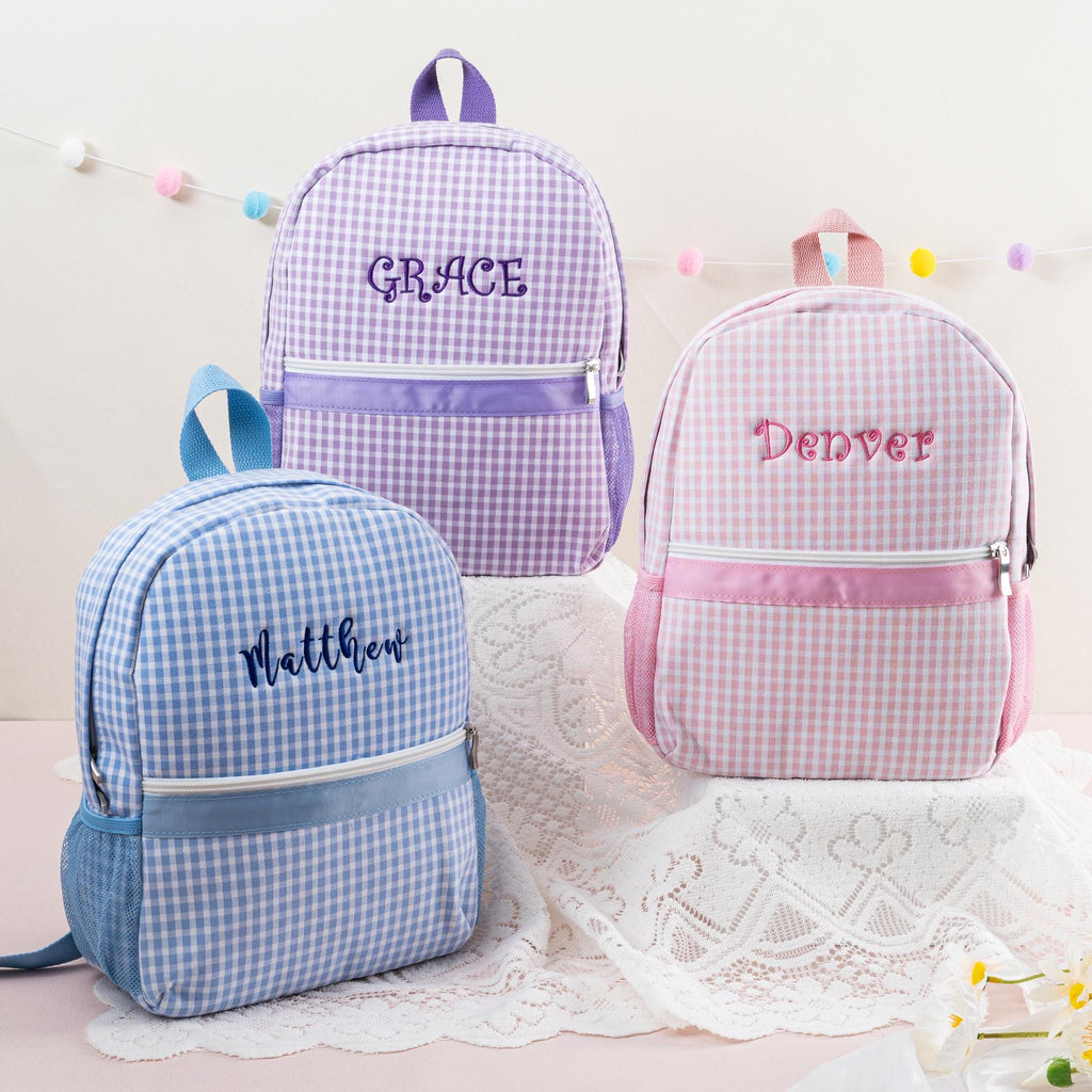 Personalized Seersucker Kids Backpack: Monogrammed Plaid Book Bag