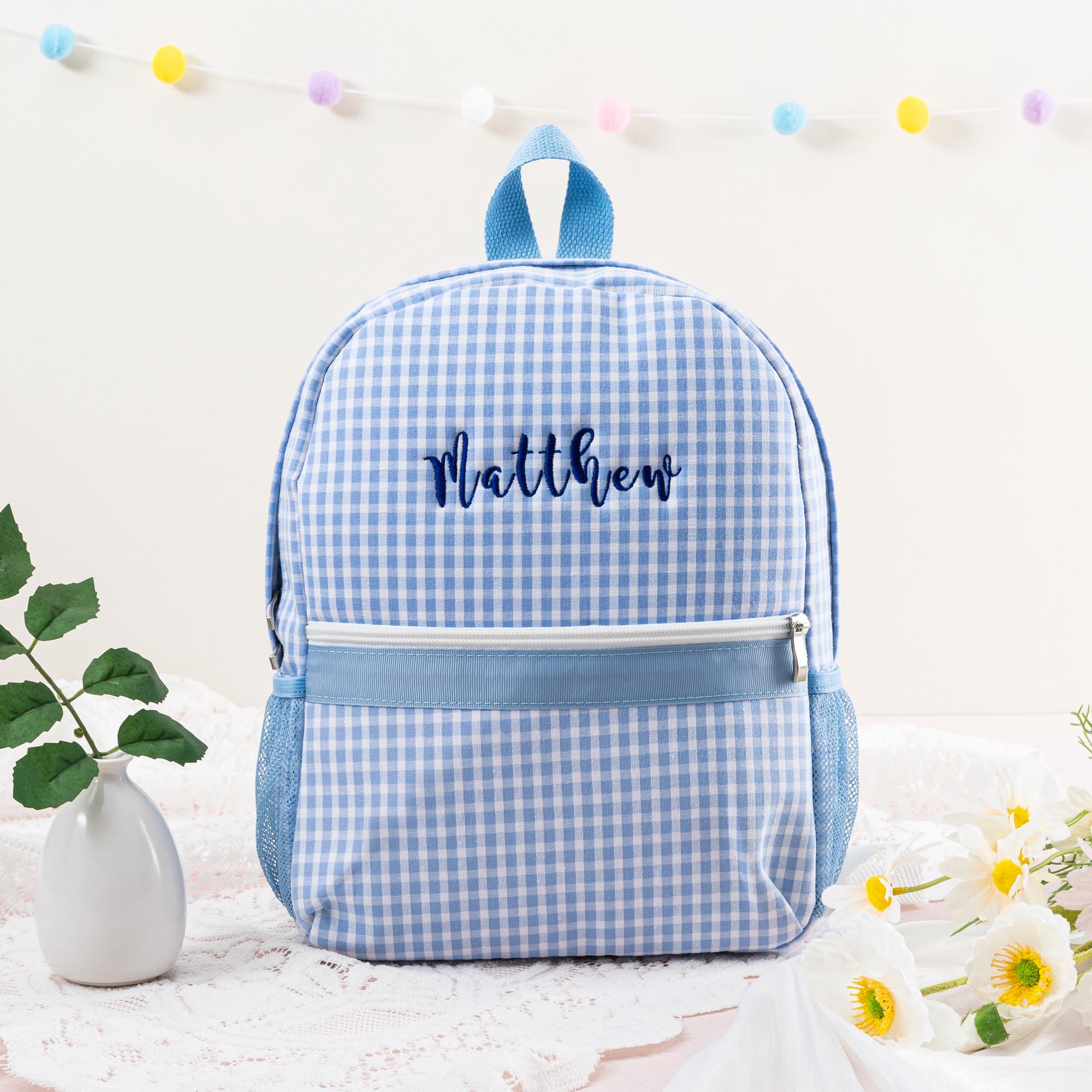 Personalized Seersucker Kids Backpack: Monogrammed Plaid Book Bag