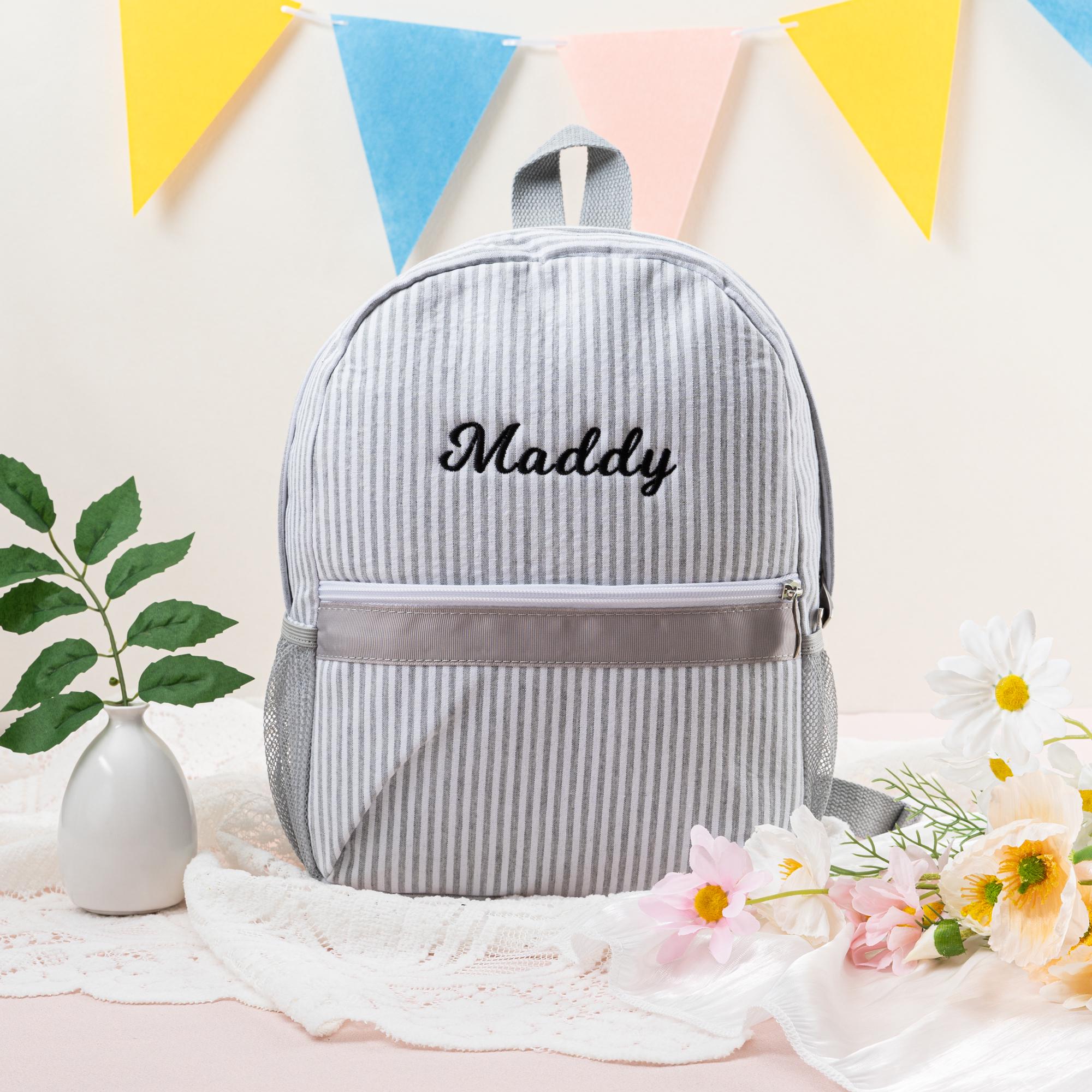 Personalized Seersucker Toddler Backpack: Kids Preppy School Bookbag, Custom Name Child Bag