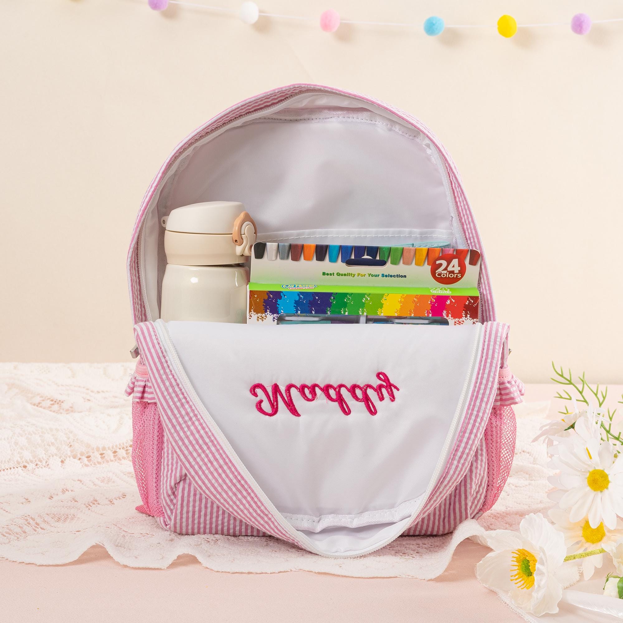 Personalized Seersucker Toddler Backpack: Ruffle Strap Bookbag