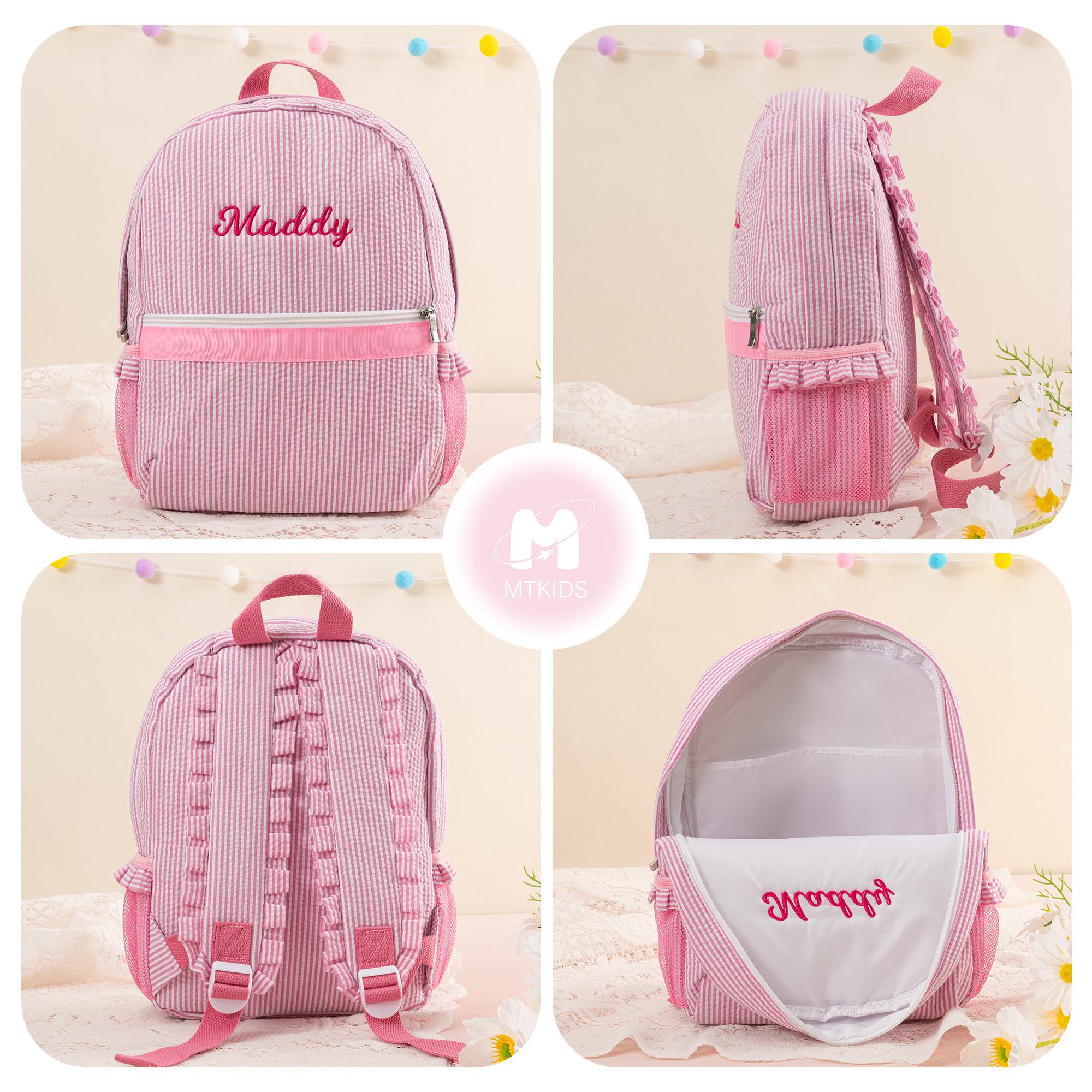 Personalized Seersucker Toddler Backpack: Ruffle Strap Bookbag