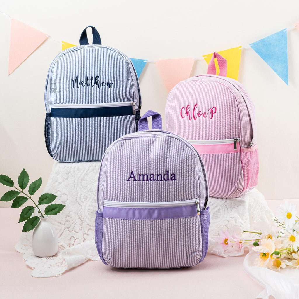 Personalized Seersucker Toddler Backpack: Kids Preppy School Bookbag, Custom Name Child Bag