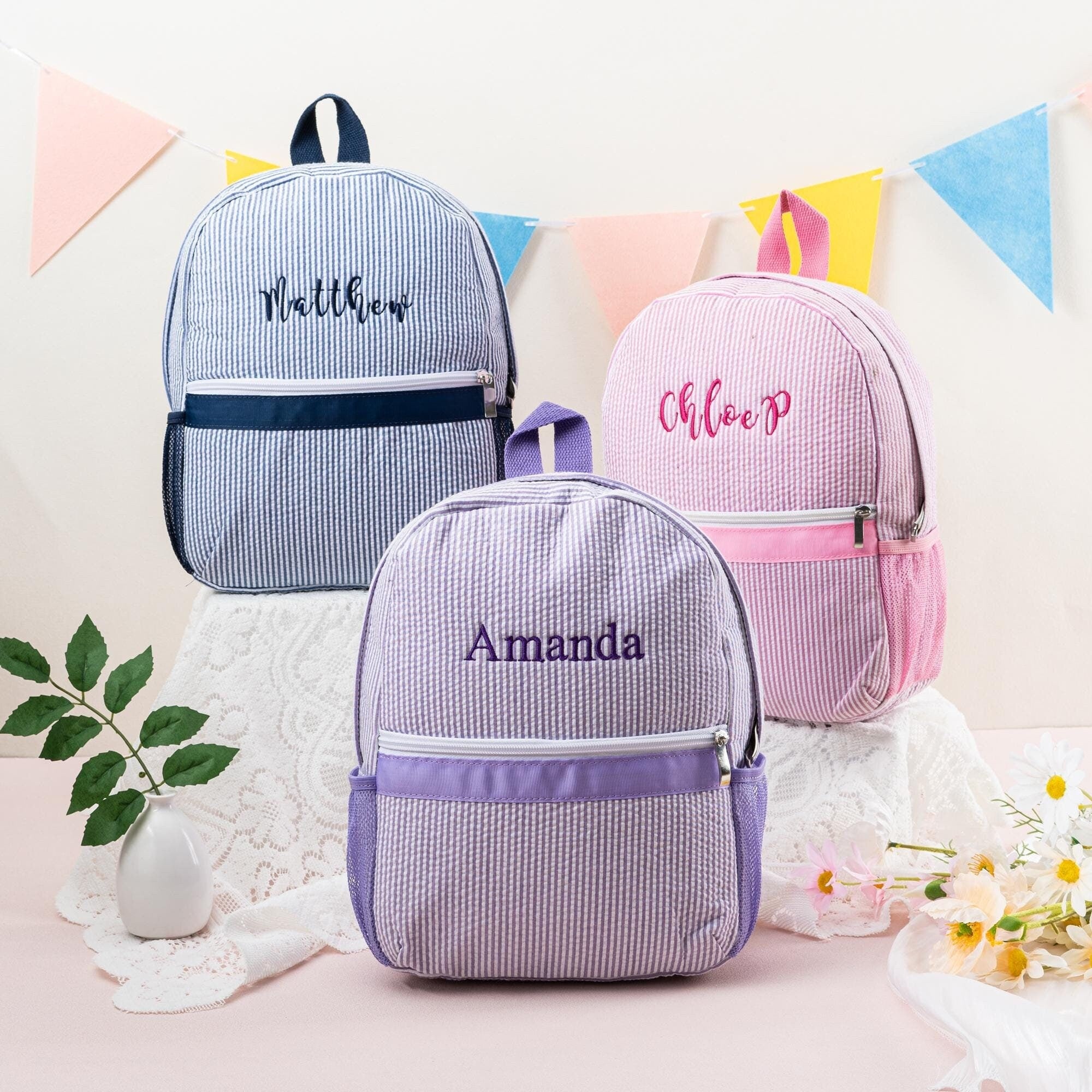 Personalized Seersucker Toddler Backpack: Kids Preppy School Bookbag, Custom Name Child Bag