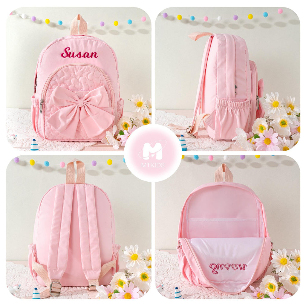 Personalized Flower Quilted Backpack with Bow: Toddler Preschool Bookbag