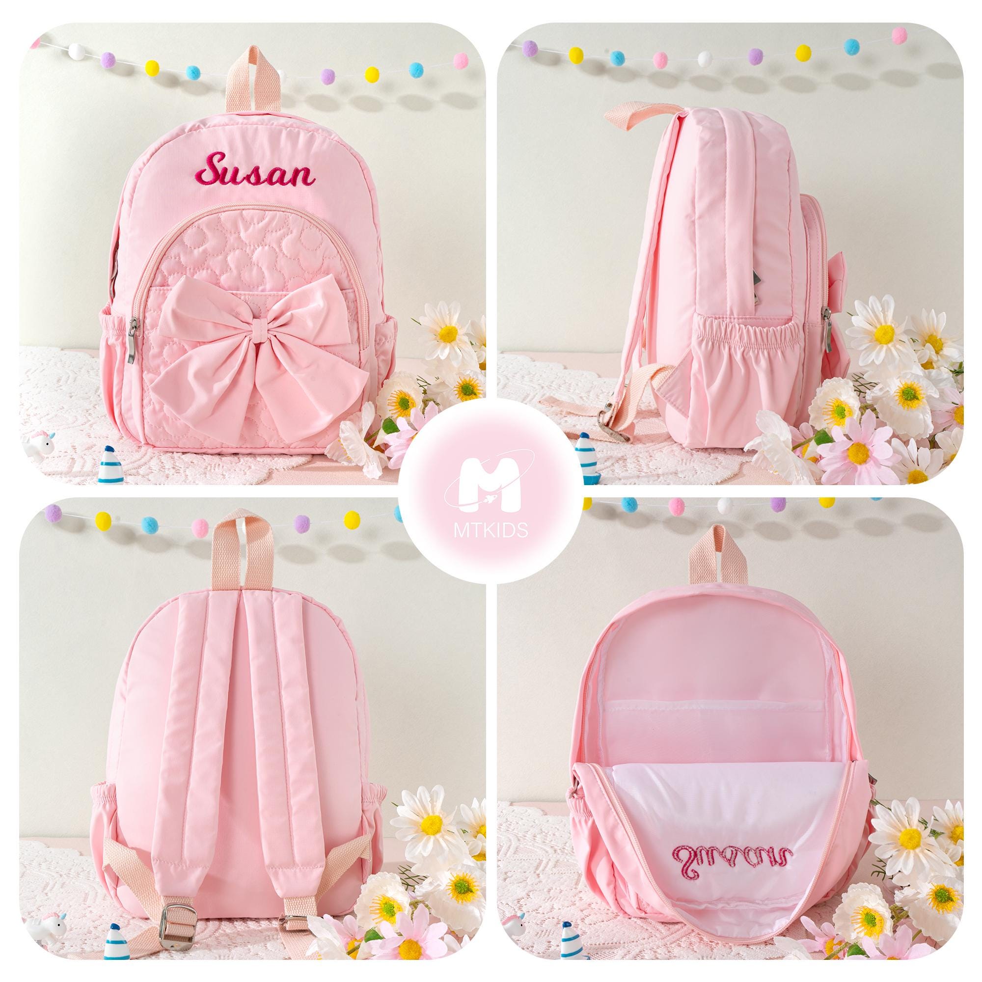 Personalized Flower Quilted Backpack with Bow: Toddler Preschool Bookbag