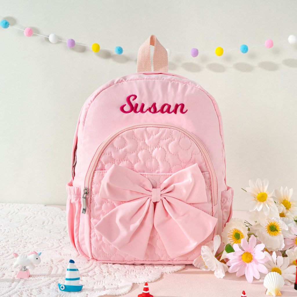 Personalized Flower Quilted Backpack with Bow: Toddler Preschool Bookbag