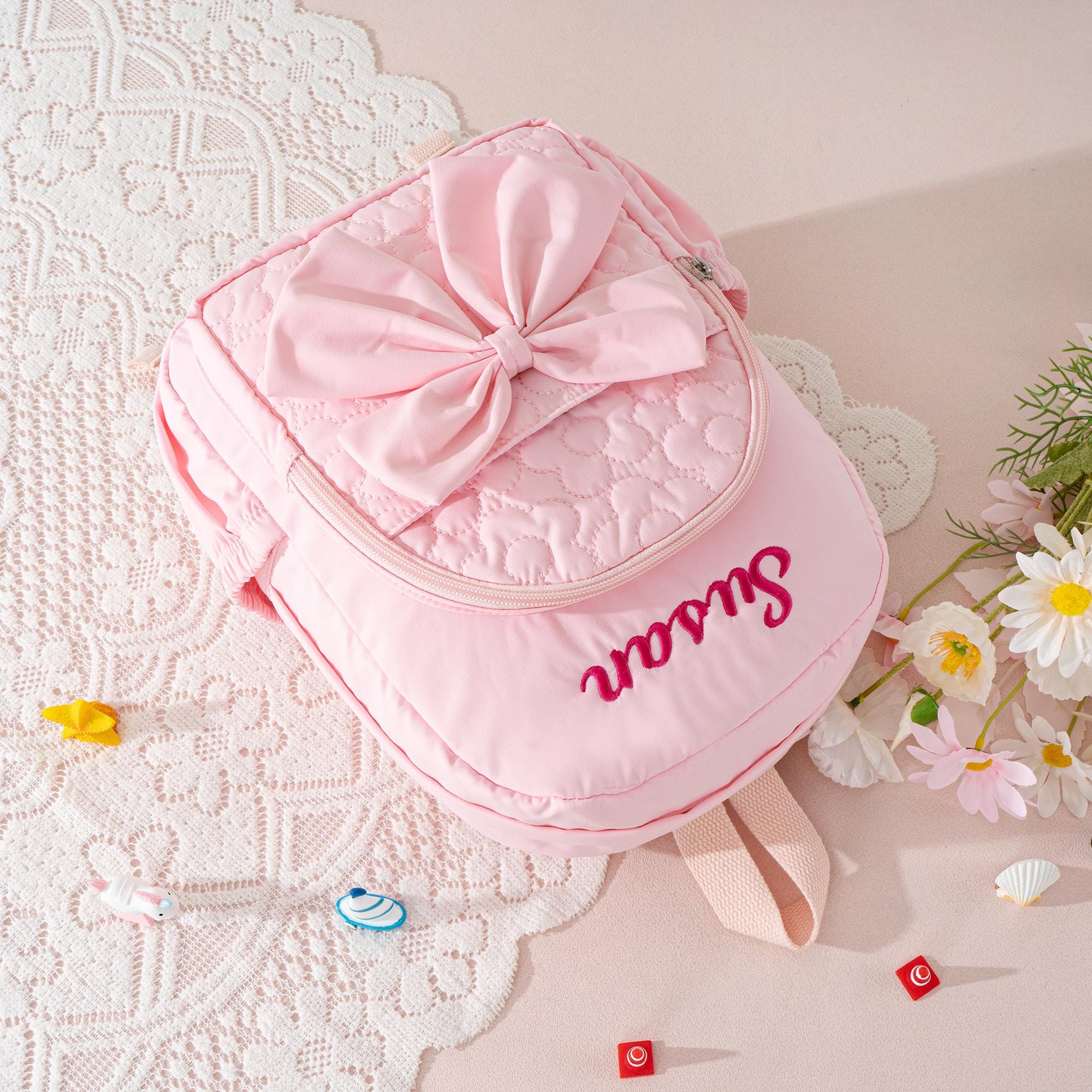 Personalized Flower Quilted Backpack with Bow: Toddler Preschool Bookbag