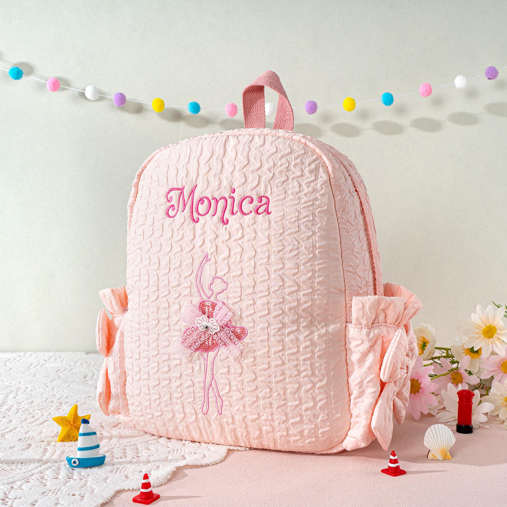 Personalized Seersucker Dance Backpack: Sparkly Ballerina, Lace Bow