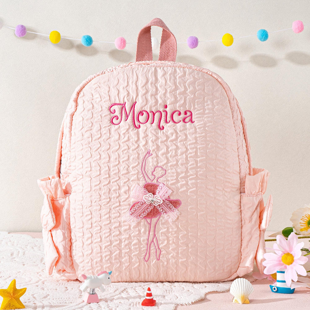 Personalized Seersucker Dance Backpack: Sparkly Ballerina, Lace Bow