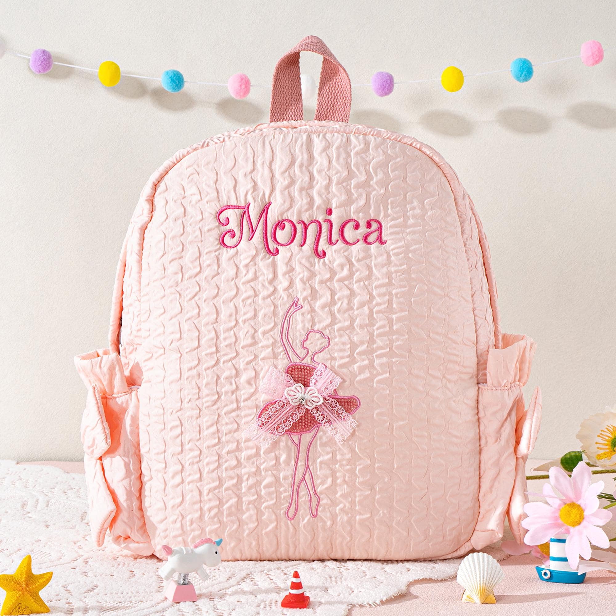 Personalized Seersucker Dance Backpack: Sparkly Ballerina, Lace Bow