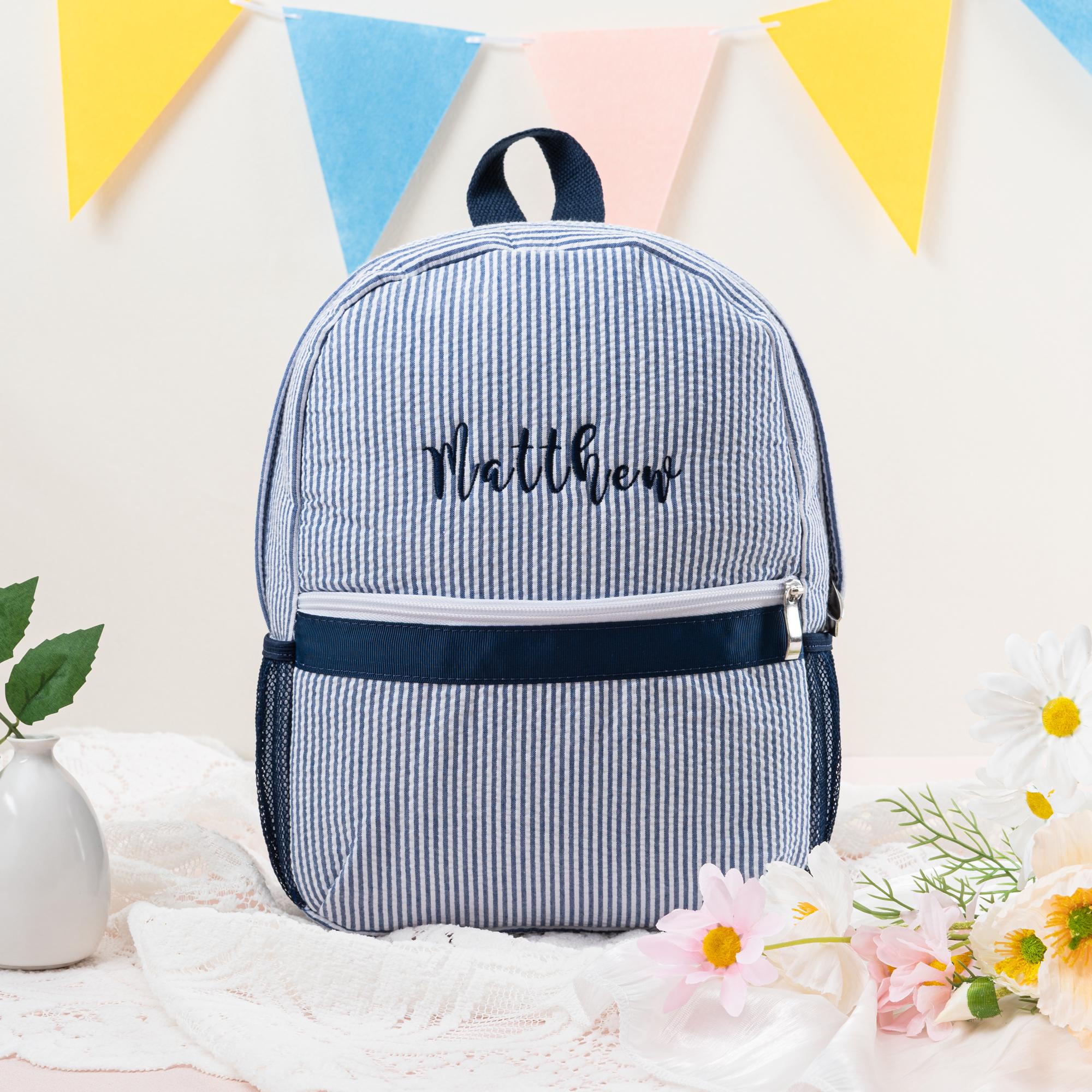 Toddler Seersucker Backpack: Personalized Kids Preppy School Bookbag, Child Back to School Gift