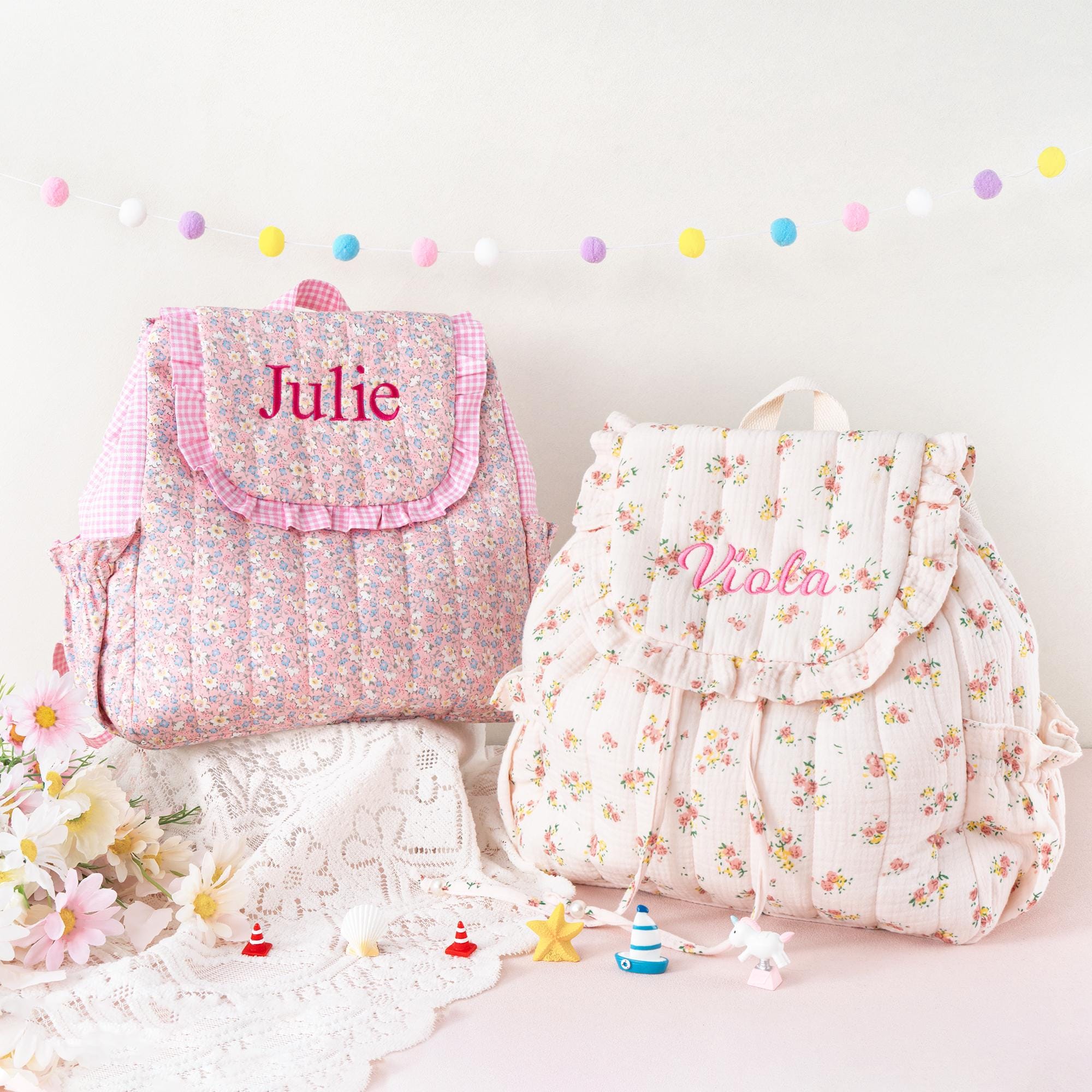 Toddler Backpack: Kids Quilted Floral Bookbag, Personalized Child Pink Gingham School Bag, Girls Gift