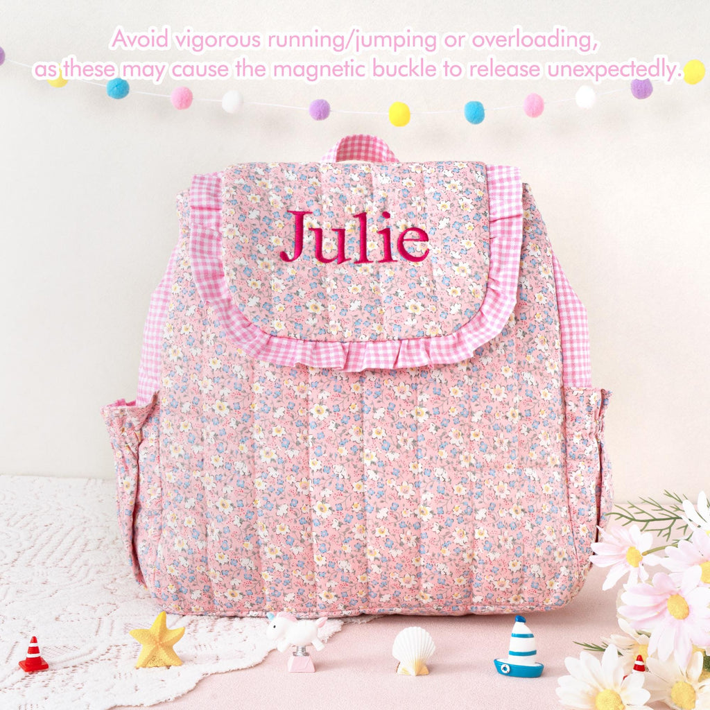 Toddler Backpack: Kids Quilted Floral Bookbag, Personalized Child Pink Gingham School Bag, Girls Gift