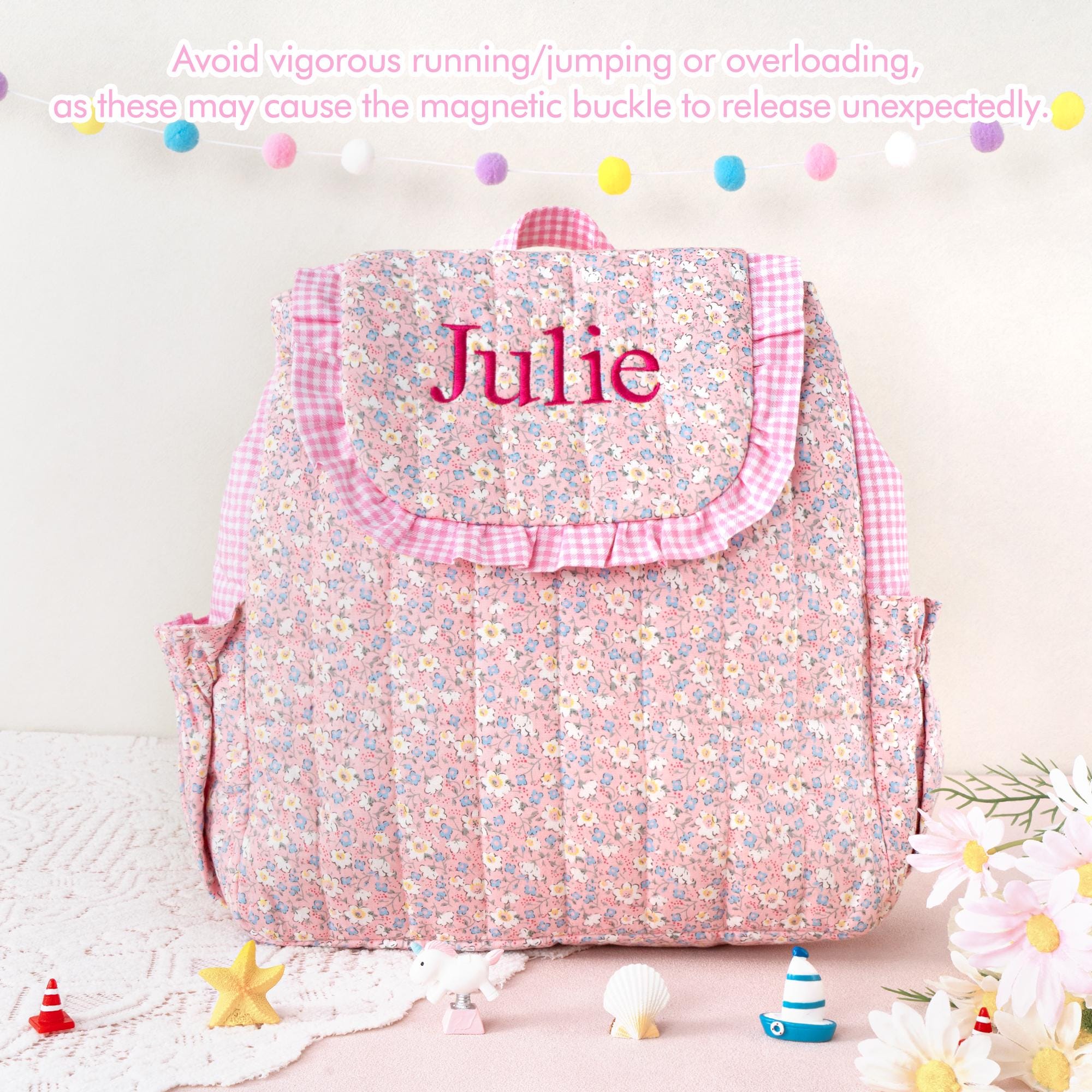 Toddler Backpack: Kids Quilted Floral Bookbag, Personalized Child Pink Gingham School Bag, Girls Gift