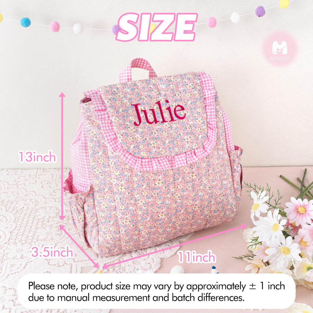 Toddler Backpack: Kids Quilted Floral Bookbag, Personalized Child Pink Gingham School Bag, Girls Gift