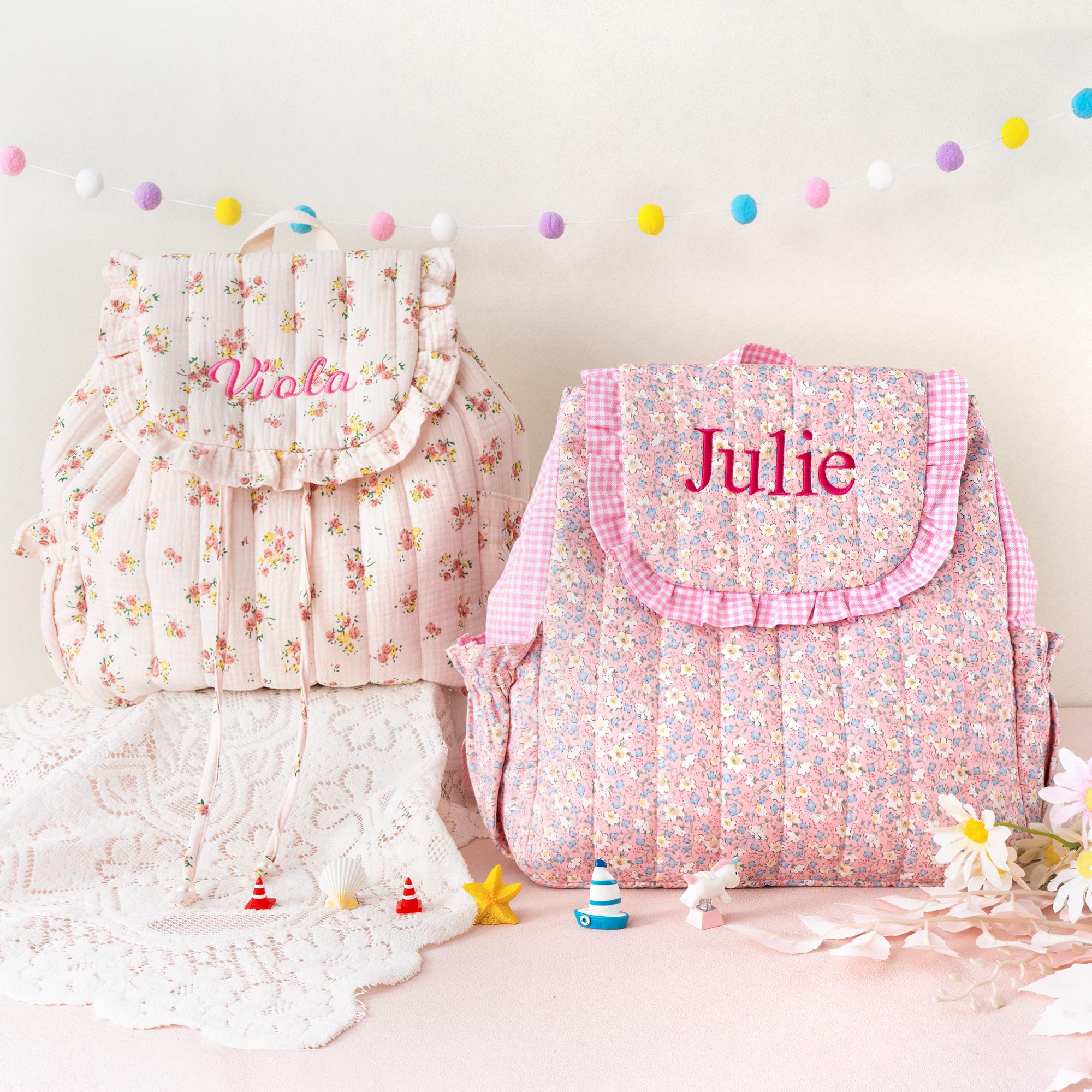 Toddler Backpack: Kids Quilted Floral Bookbag, Personalized Child Pink Gingham School Bag, Girls Gift