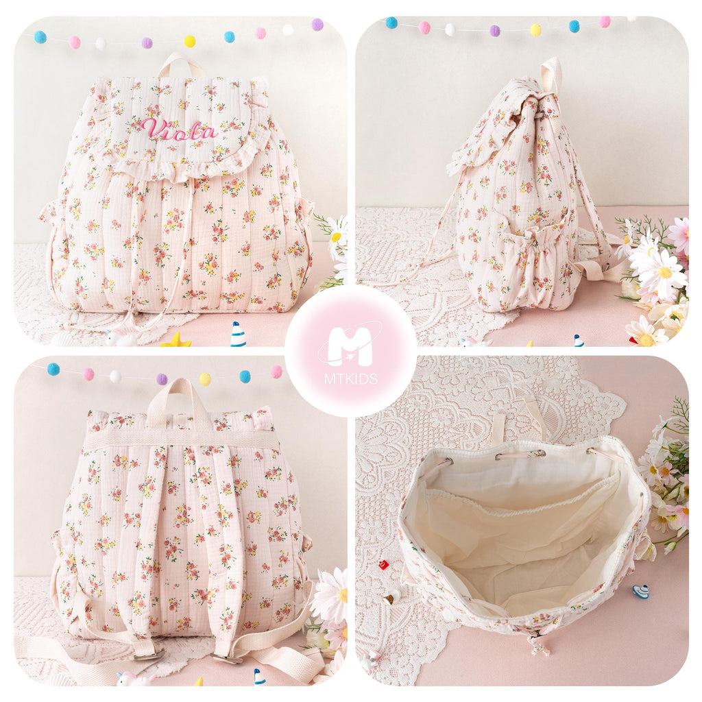 Toddler Backpack: Kids Quilted Floral Bookbag, Personalized Child Pink Gingham School Bag, Girls Gift