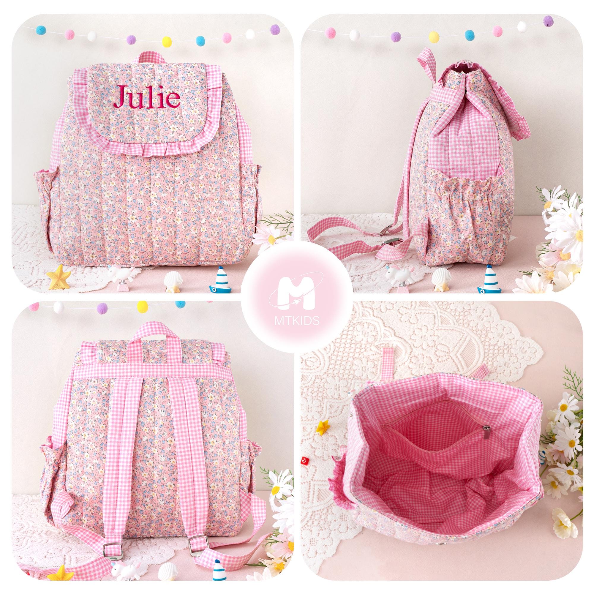Toddler Backpack: Kids Quilted Floral Bookbag, Personalized Child Pink Gingham School Bag, Girls Gift
