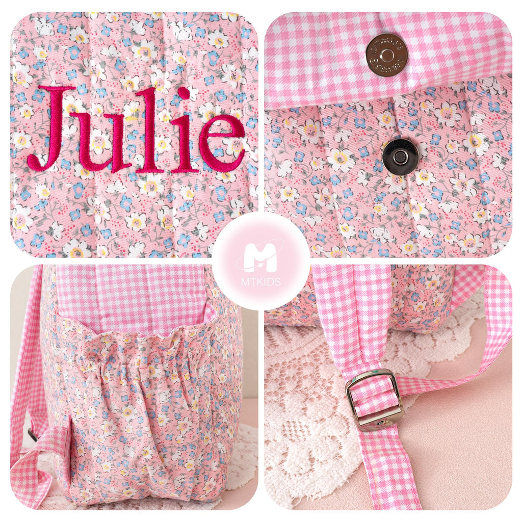 Toddler Backpack: Kids Quilted Floral Bookbag, Personalized Child Pink Gingham School Bag, Girls Gift
