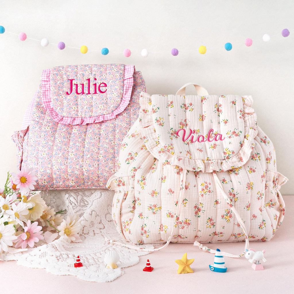 Toddler Backpack: Kids Quilted Floral Bookbag, Personalized Child Pink Gingham School Bag, Girls Gift