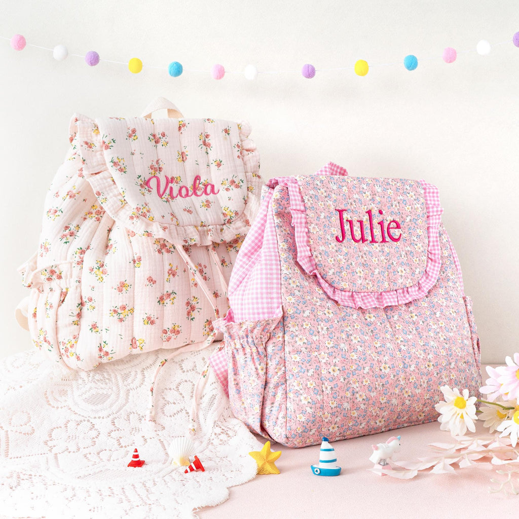 Toddler Backpack: Kids Quilted Floral Bookbag, Personalized Child Pink Gingham School Bag, Girls Gift