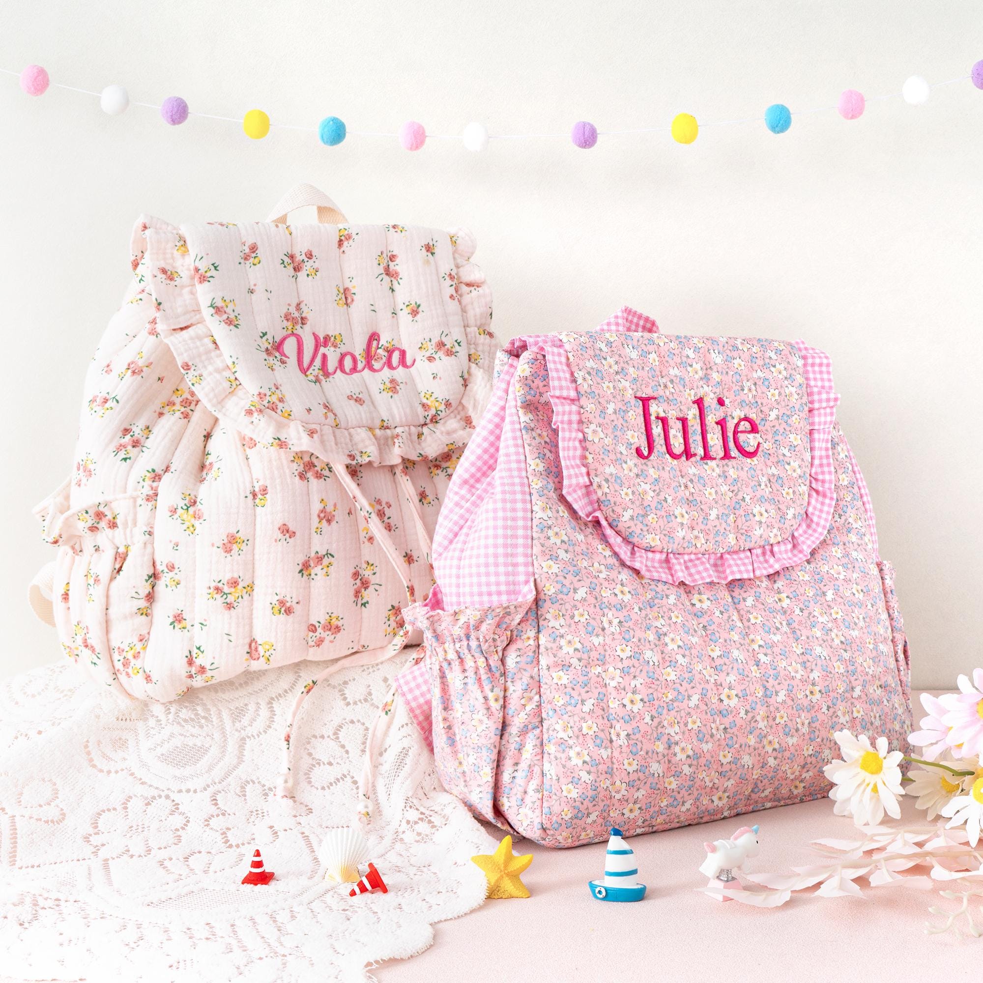 Toddler Backpack: Kids Quilted Floral Bookbag, Personalized Child Pink Gingham School Bag, Girls Gift
