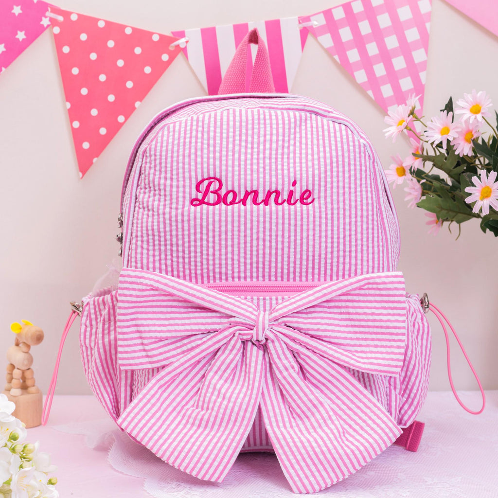 Seersucker Toddler Backpack: Personalized Kids Backpack with Bow, Little Girls Pink Sparkling Dance Bag