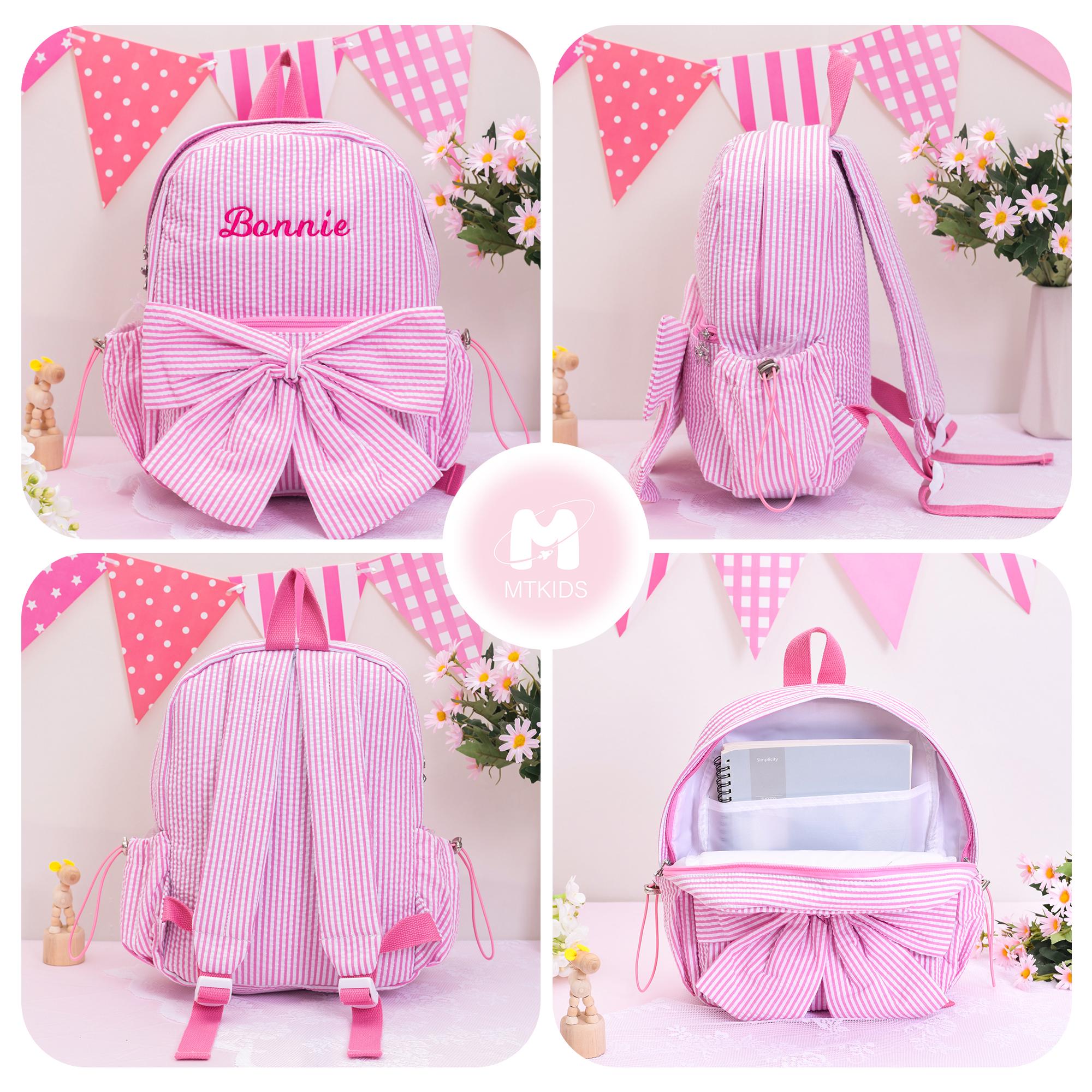 Seersucker Toddler Backpack: Personalized Kids Backpack with Bow, Little Girls Pink Sparkling Dance Bag