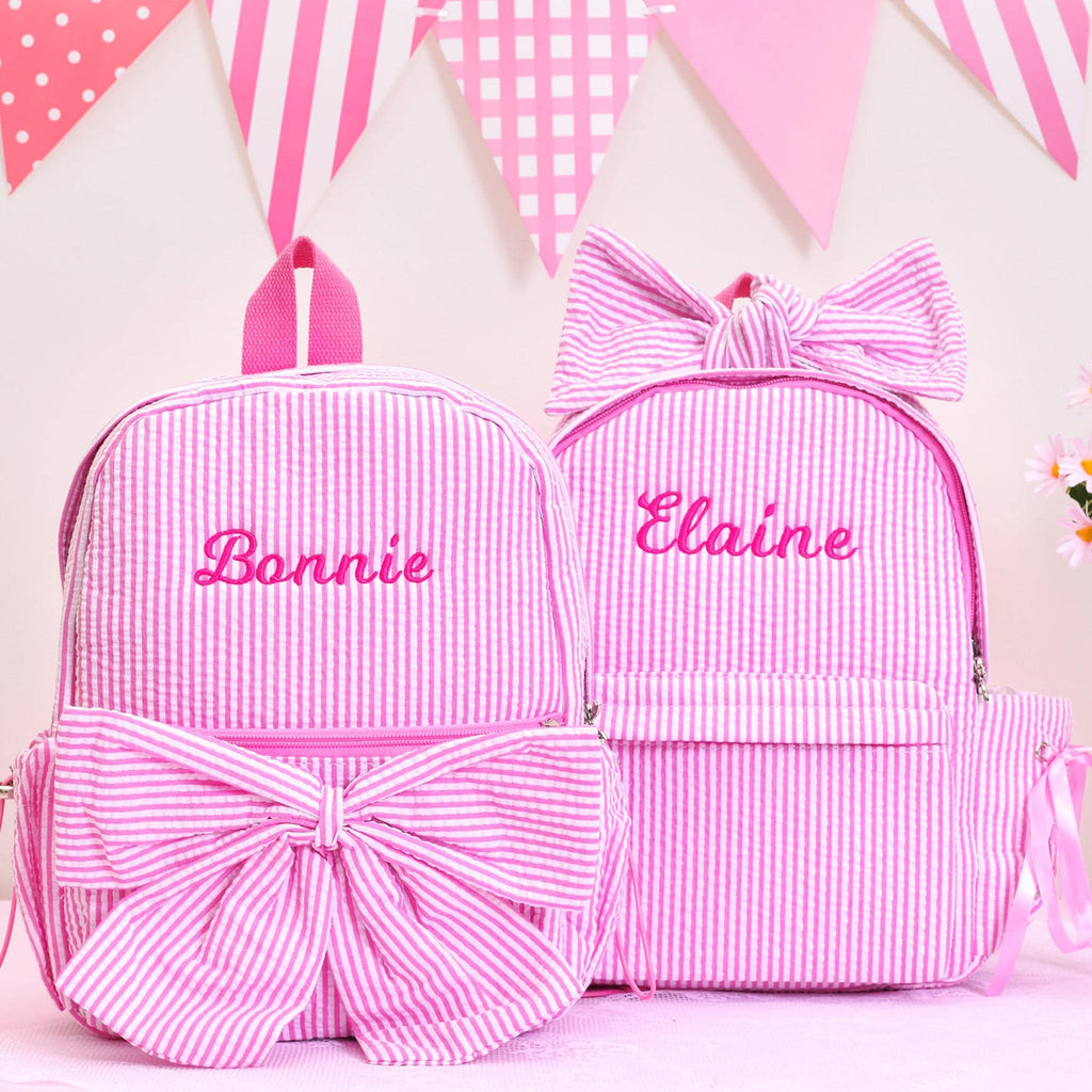 Seersucker Toddler Backpack: Personalized Kids Backpack with Bow, Little Girls Pink Sparkling Dance Bag