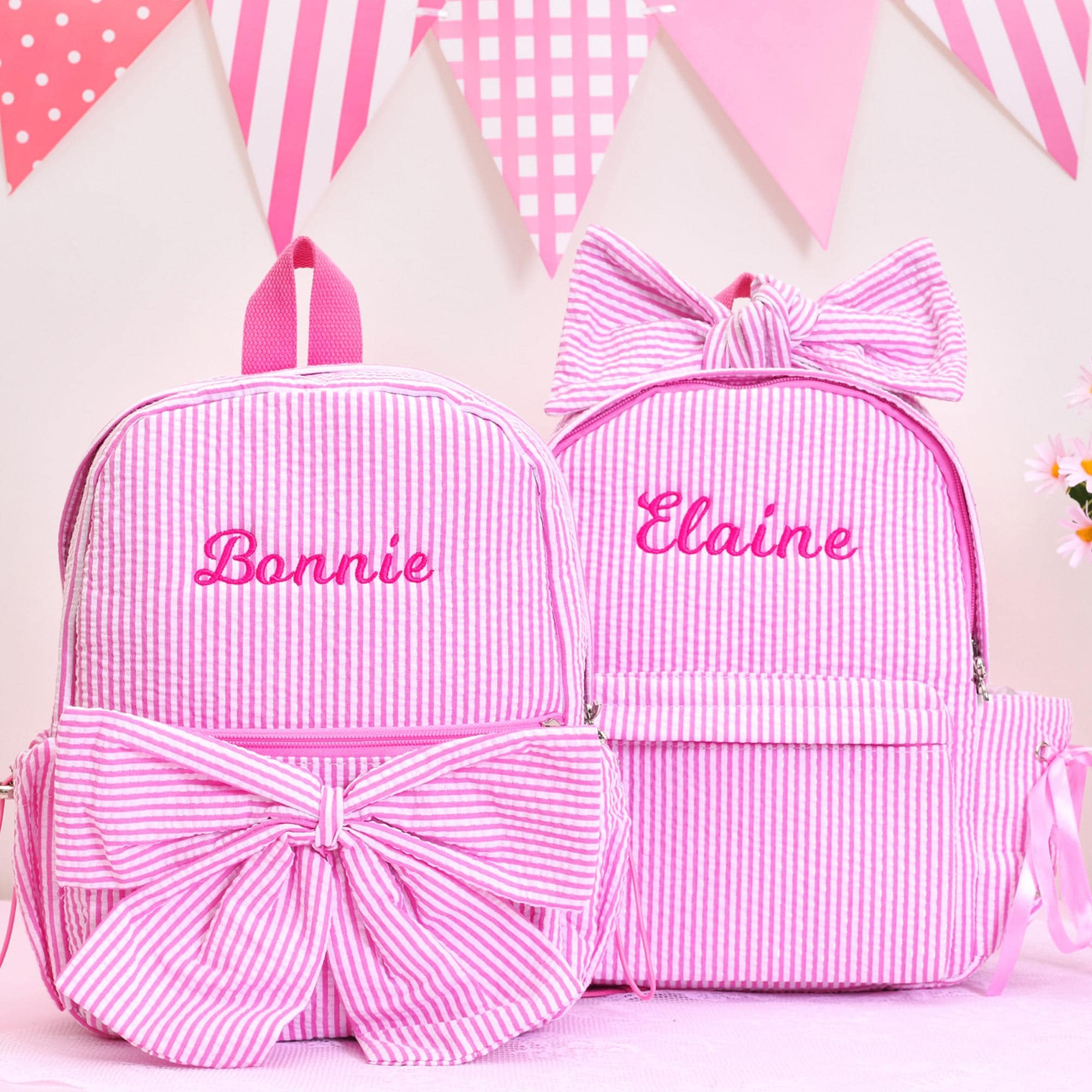 Seersucker Toddler Backpack: Personalized Kids Backpack with Bow, Little Girls Pink Sparkling Dance Bag