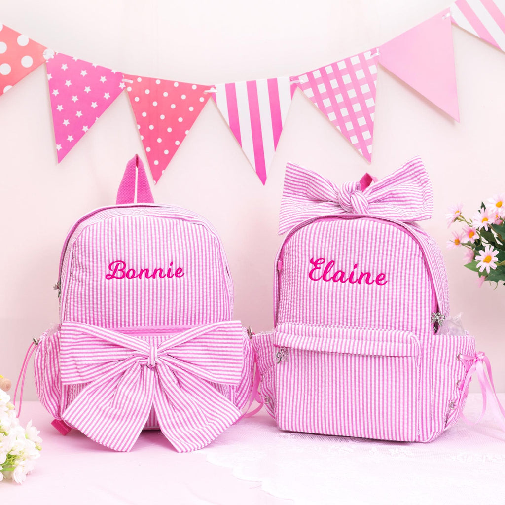 Seersucker Toddler Backpack: Personalized Kids Backpack with Bow, Little Girls Pink Sparkling Dance Bag