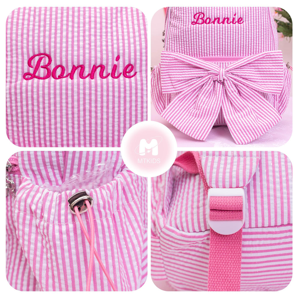 Seersucker Toddler Backpack: Personalized Kids Backpack with Bow, Little Girls Pink Sparkling Dance Bag