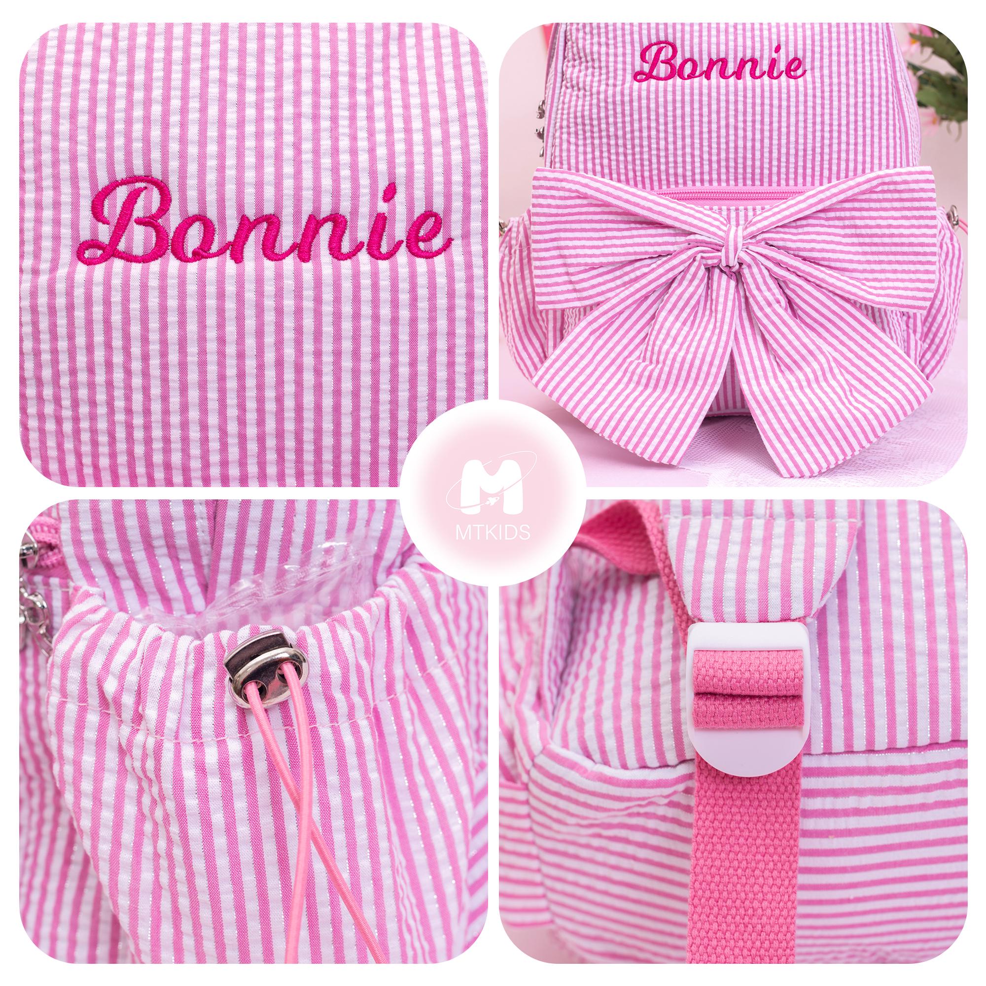 Seersucker Toddler Backpack: Personalized Kids Backpack with Bow, Little Girls Pink Sparkling Dance Bag