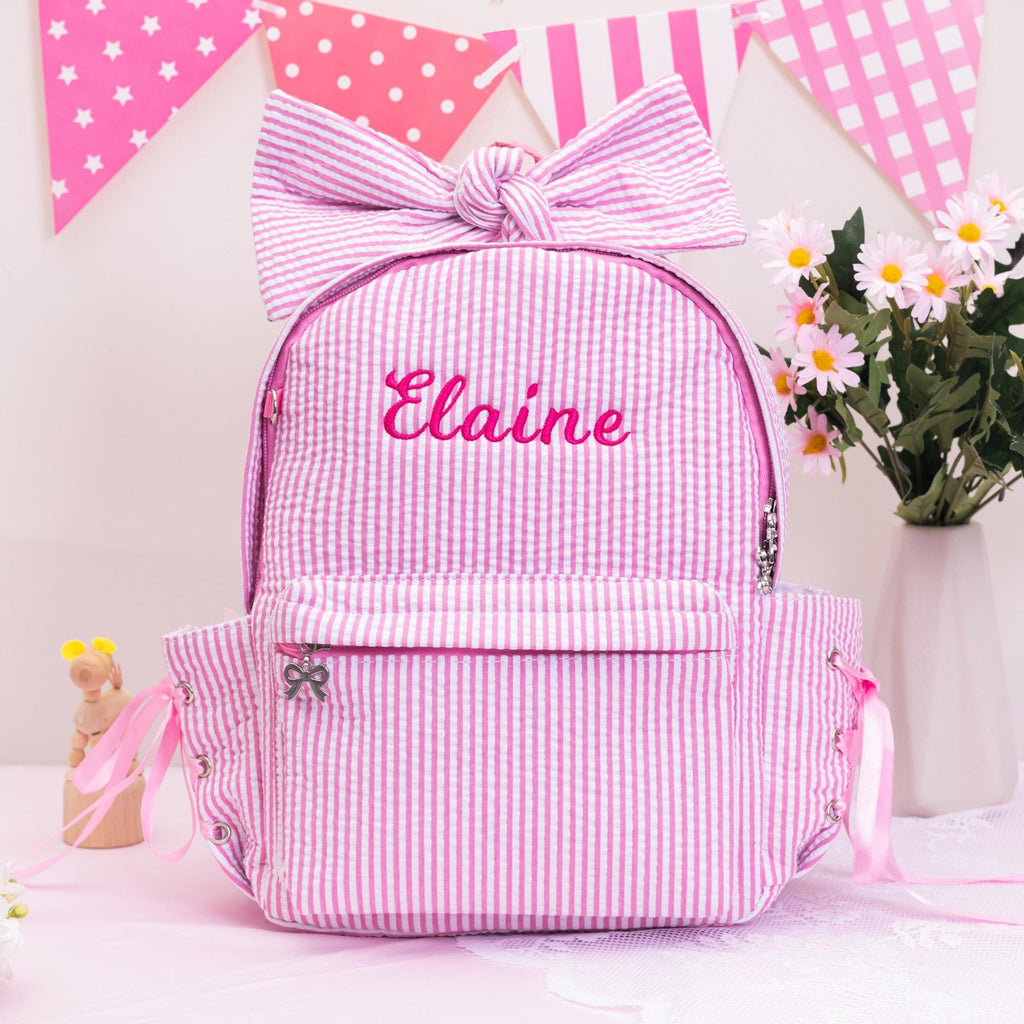 Seersucker Toddler Backpack: Personalized Kids Backpack with Bow, Little Girls Pink Sparkling Dance Bag