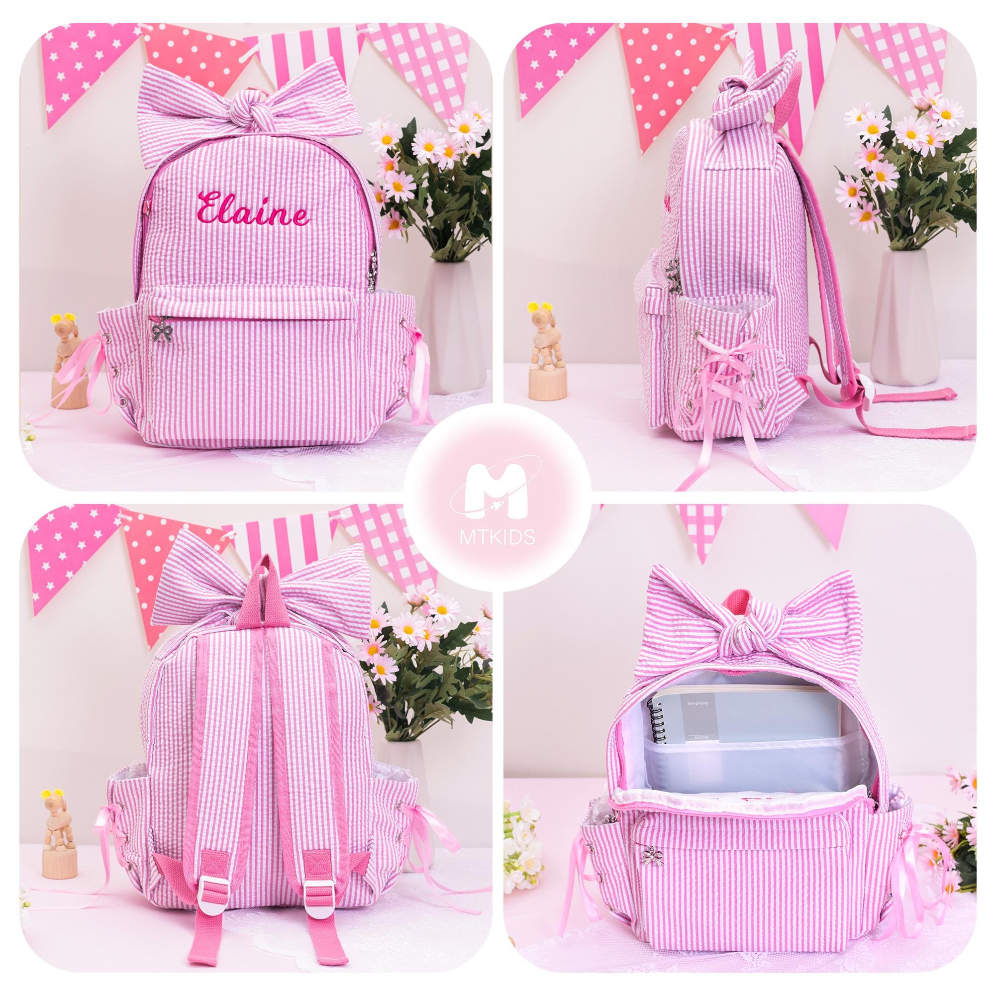 Seersucker Toddler Backpack: Personalized Kids Backpack with Bow, Little Girls Pink Sparkling Dance Bag