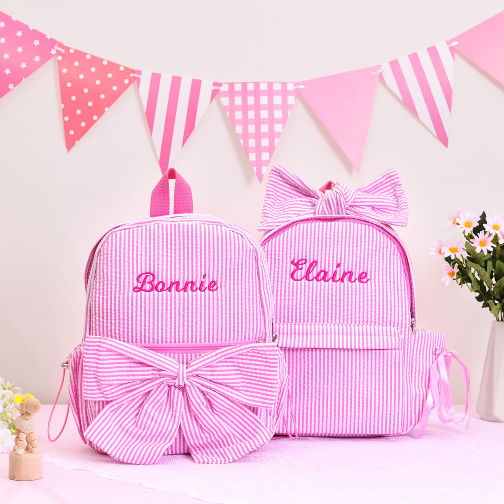 Seersucker Toddler Backpack: Personalized Kids Backpack with Bow, Little Girls Pink Sparkling Dance Bag