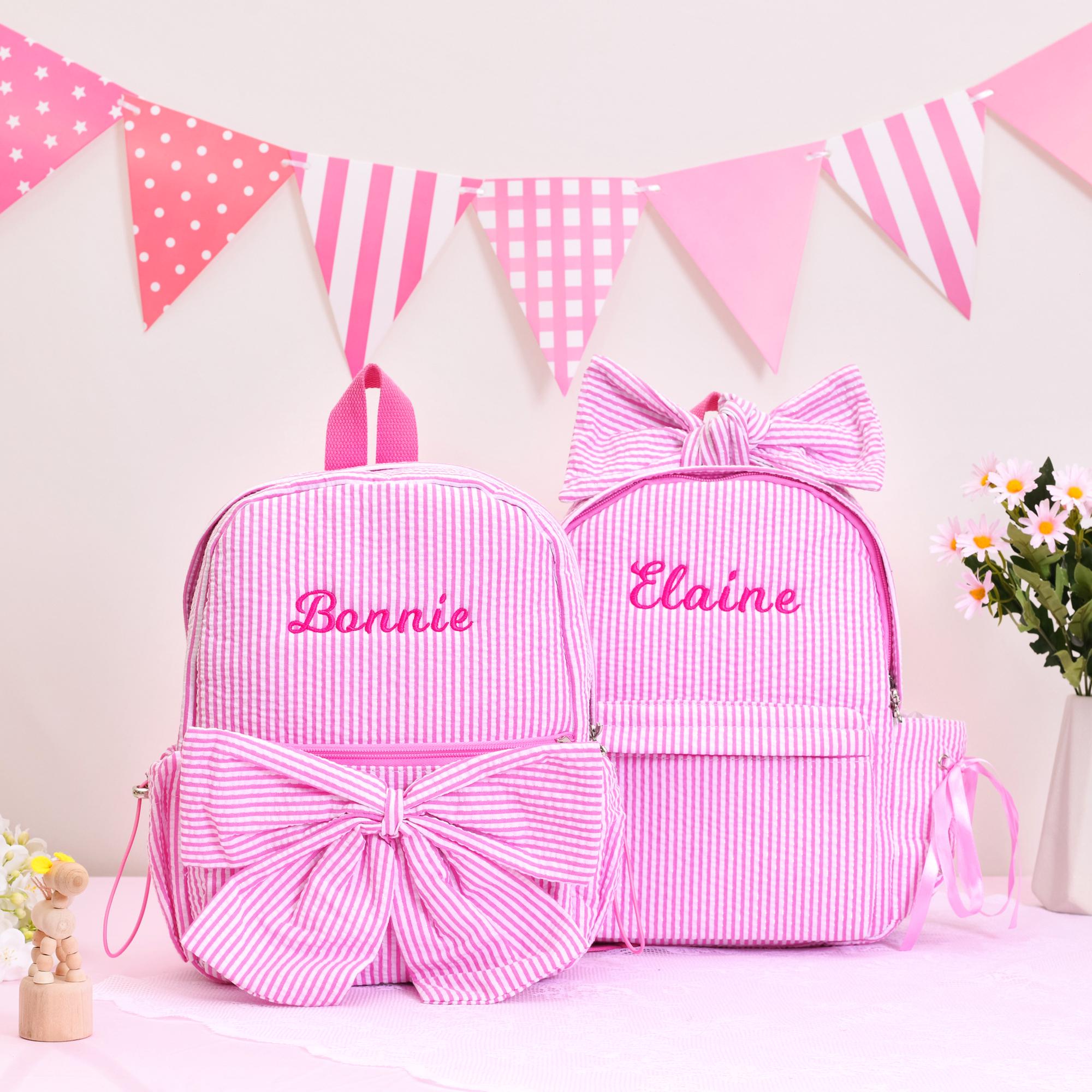 Seersucker Toddler Backpack: Personalized Kids Backpack with Bow, Little Girls Pink Sparkling Dance Bag