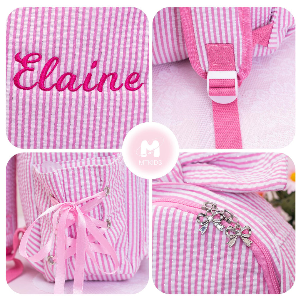 Seersucker Toddler Backpack: Personalized Kids Backpack with Bow, Little Girls Pink Sparkling Dance Bag