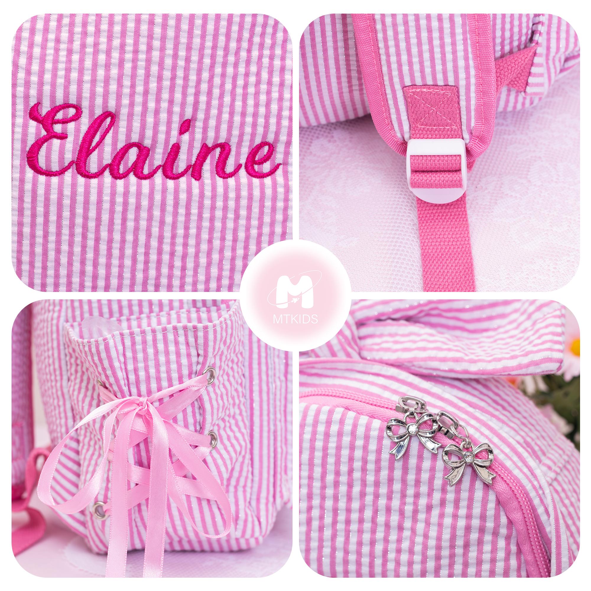 Seersucker Toddler Backpack: Personalized Kids Backpack with Bow, Little Girls Pink Sparkling Dance Bag