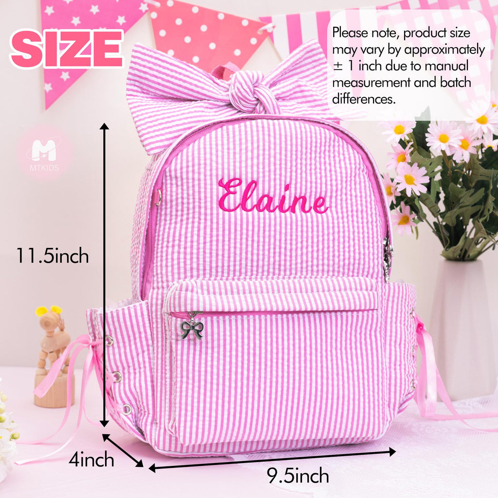Seersucker Toddler Backpack: Personalized Kids Backpack with Bow, Little Girls Pink Sparkling Dance Bag