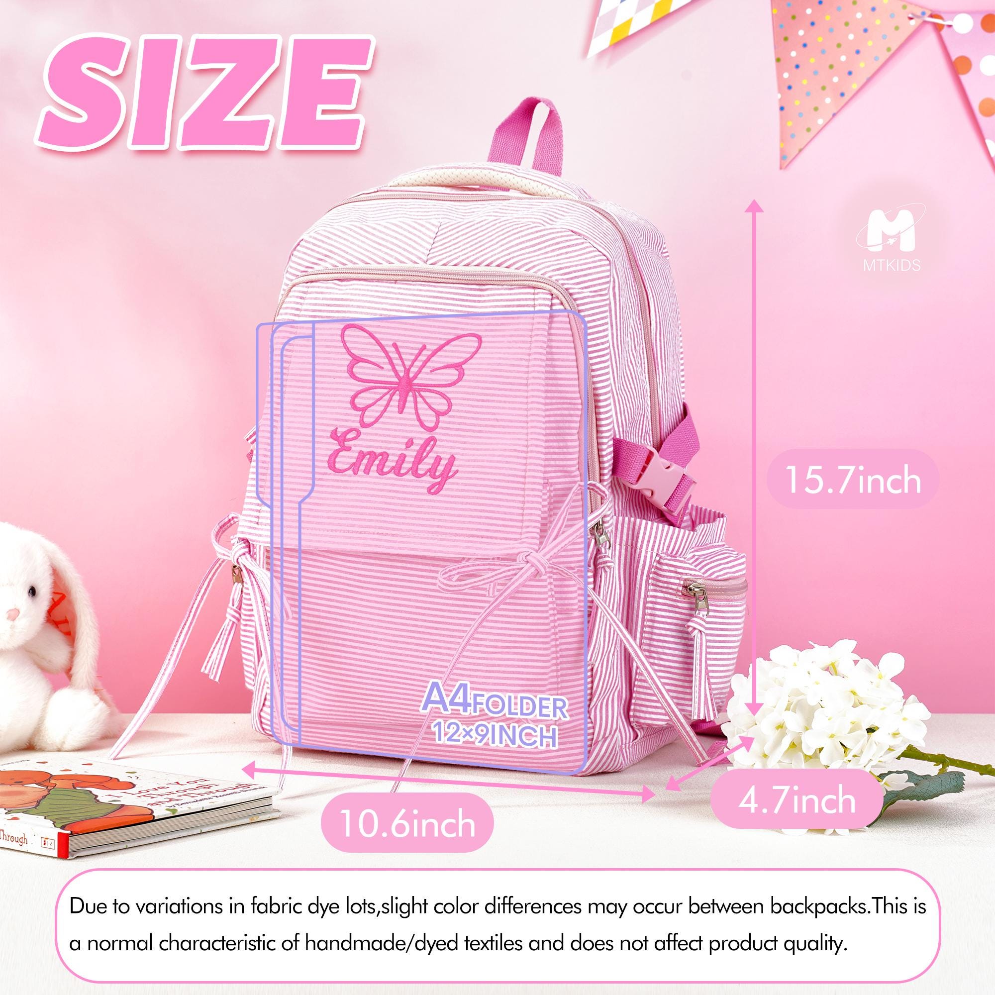 Toddler Backpack, Personalized Seersucker Bookbag for Girls, Custom Embroidered Kids School Bag for Moms