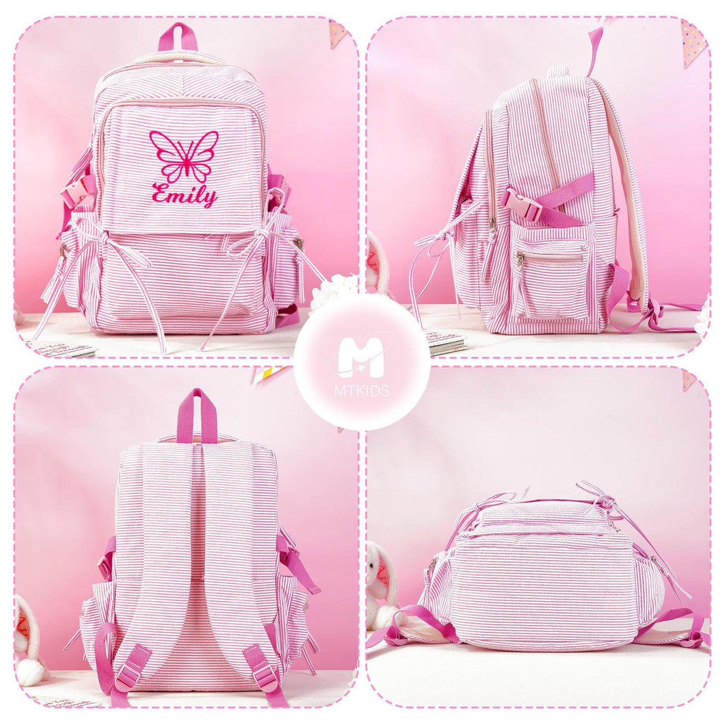 Toddler Backpack, Personalized Seersucker Bookbag for Girls, Custom Embroidered Kids School Bag for Moms