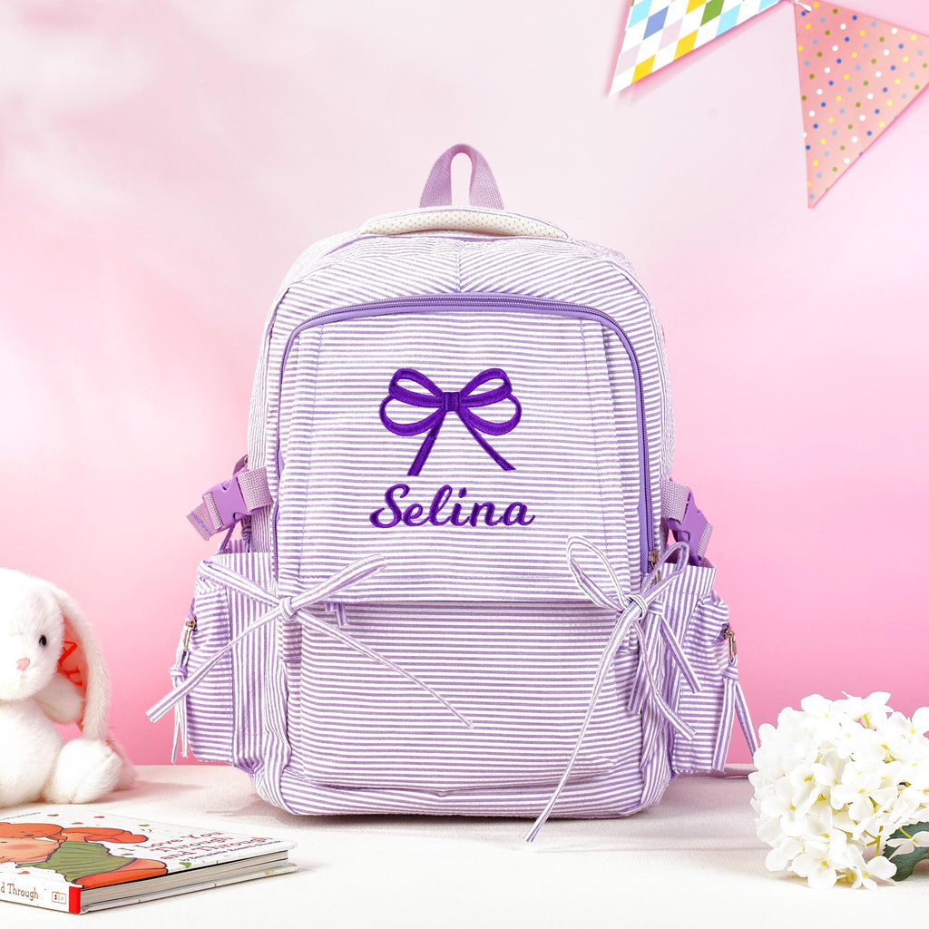 Toddler Backpack, Personalized Seersucker Bookbag for Girls, Custom Embroidered Kids School Bag for Moms