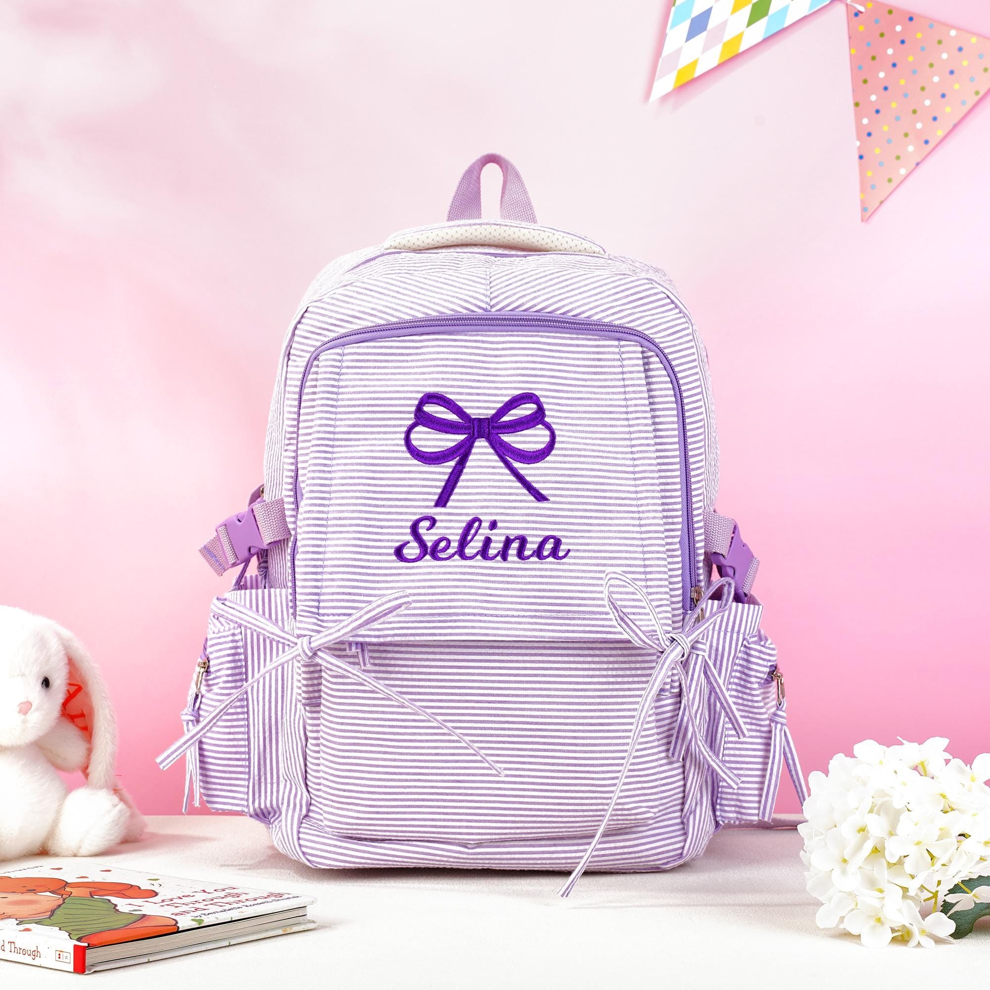 Toddler Backpack, Personalized Seersucker Bookbag for Girls, Custom Embroidered Kids School Bag for Moms
