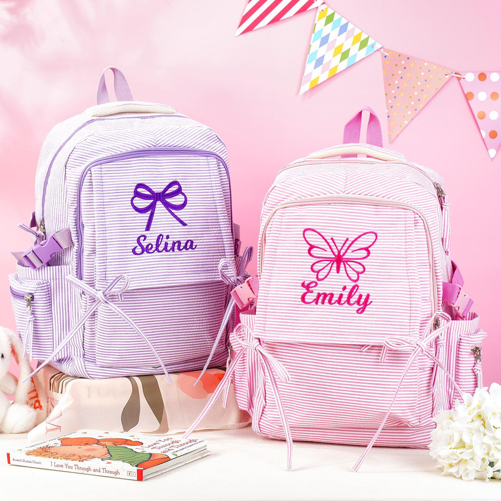 Toddler Backpack, Personalized Seersucker Bookbag for Girls, Custom Embroidered Kids School Bag for Moms