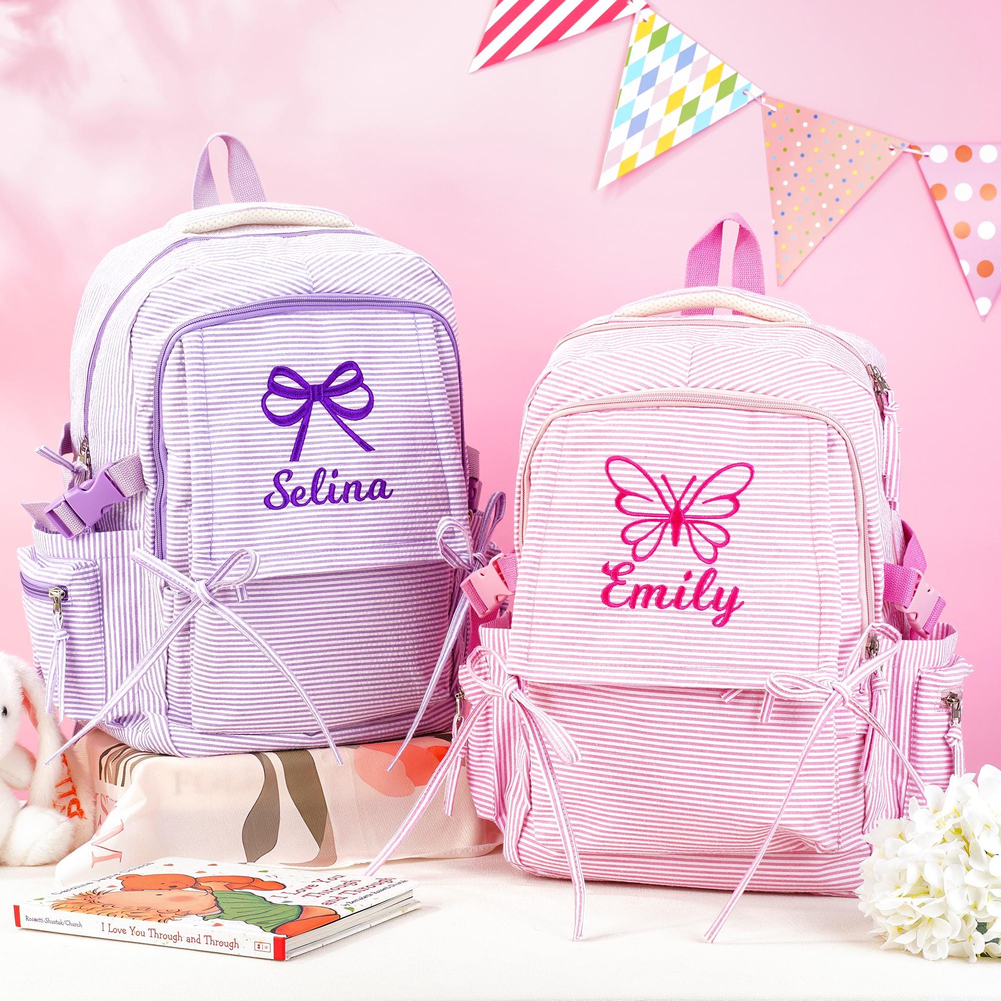 Toddler Backpack, Personalized Seersucker Bookbag for Girls, Custom Embroidered Kids School Bag for Moms